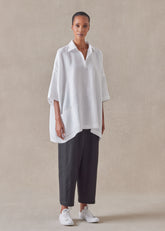 linen angle to front side seam short sleeve tunic with collar - long