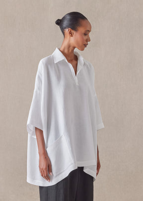 linen angle to front side seam short sleeve tunic with collar - long