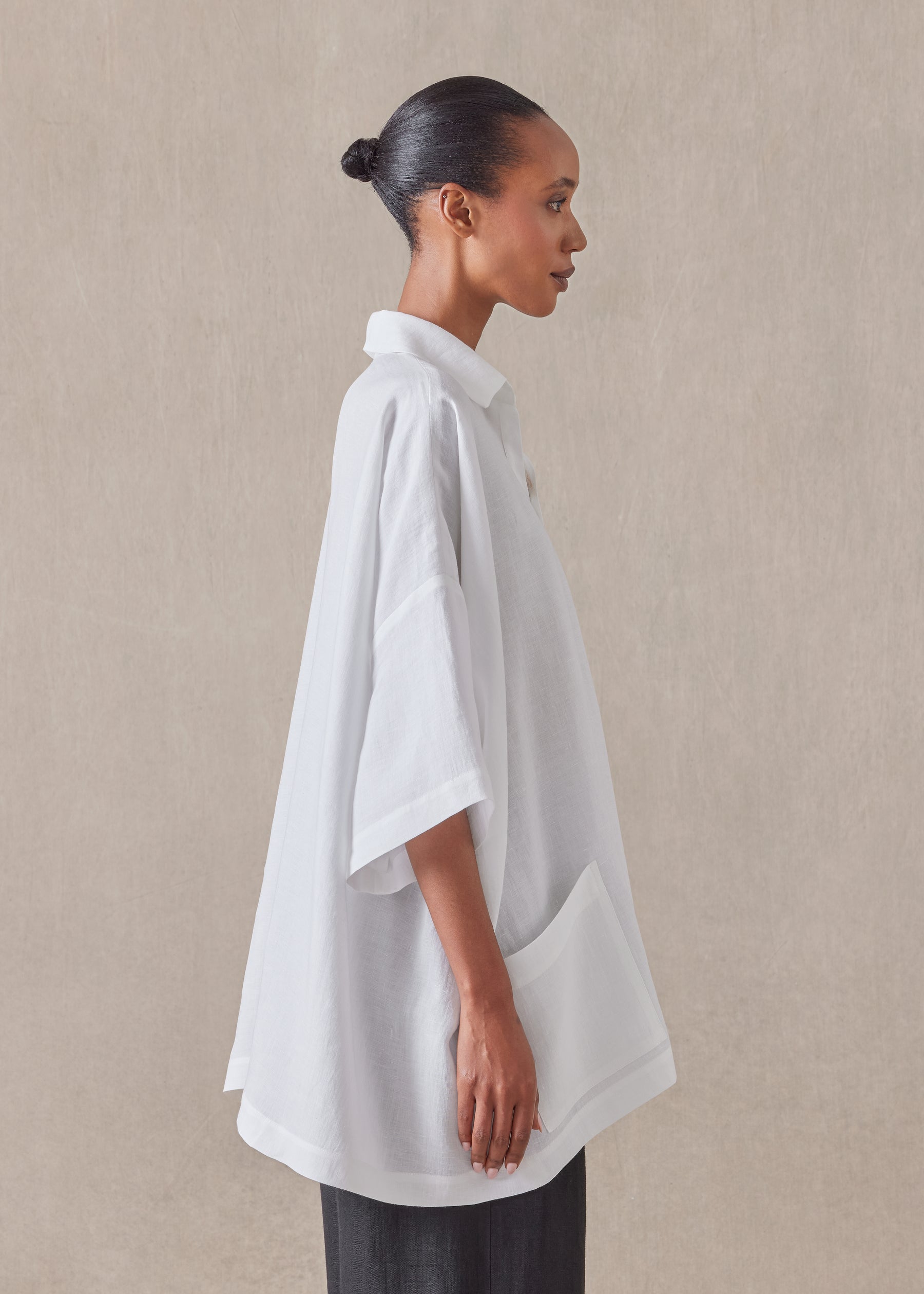 linen angle to front side seam short sleeve tunic with collar - long