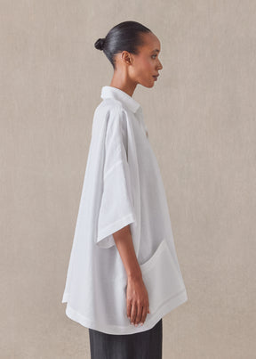 linen angle to front side seam short sleeve tunic with collar - long