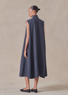 linen sleeveless caucasus shirt dress with notch collar