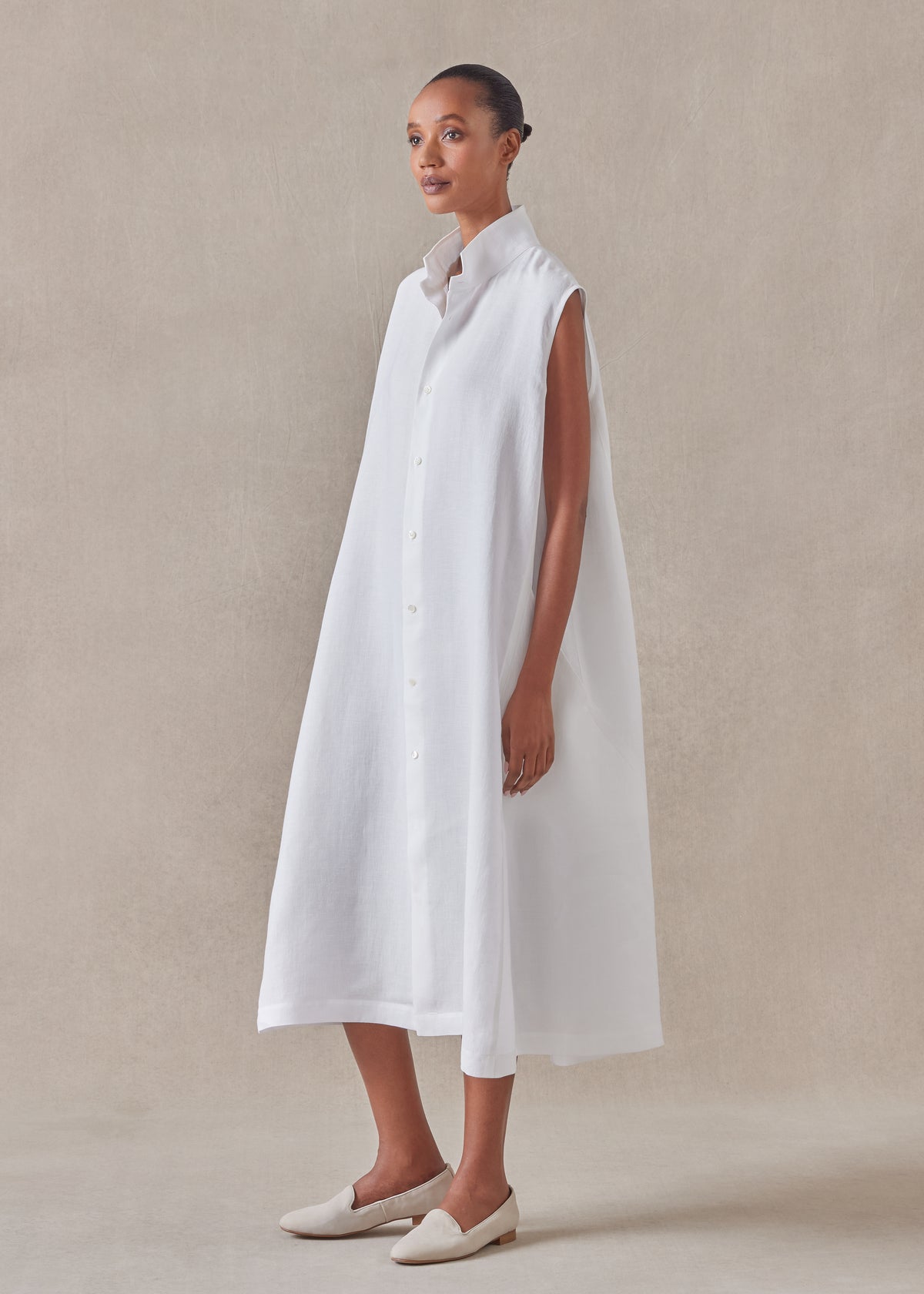 linen sleeveless caucasus shirt dress with notch collar