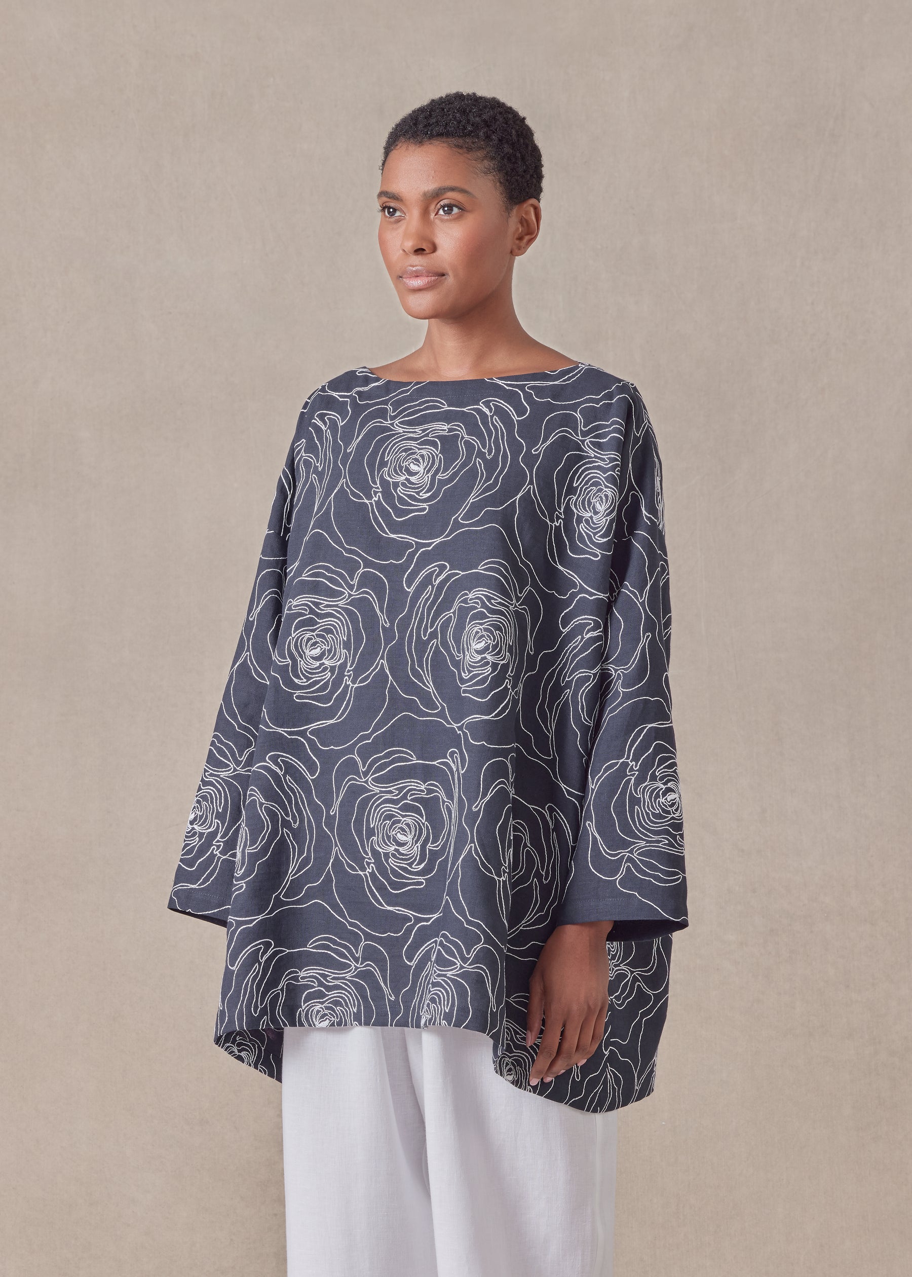 cotton linen mix  wide a-line scoop neck tunic - long