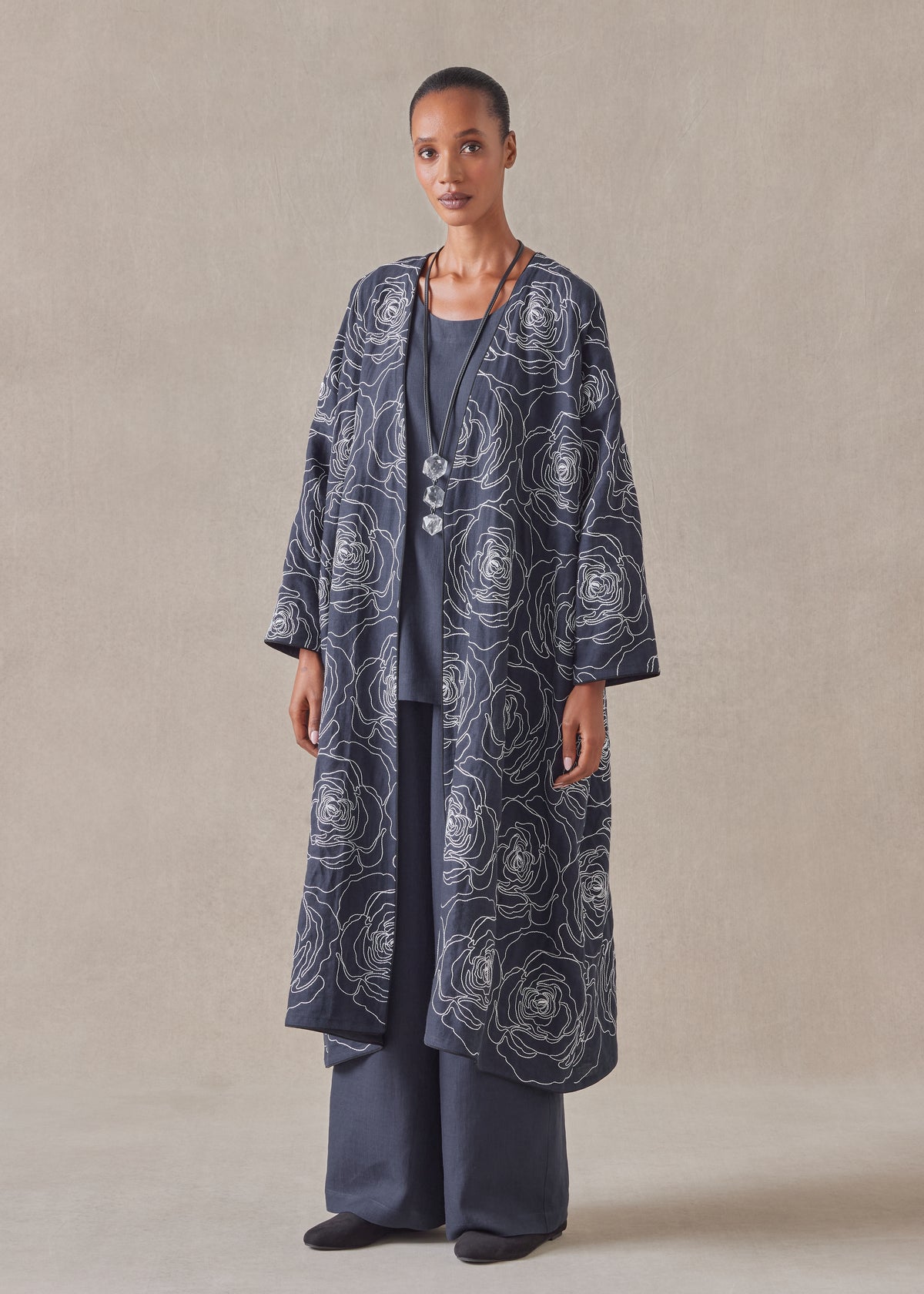 cotton linen mix  wide a-line v-neck open coat