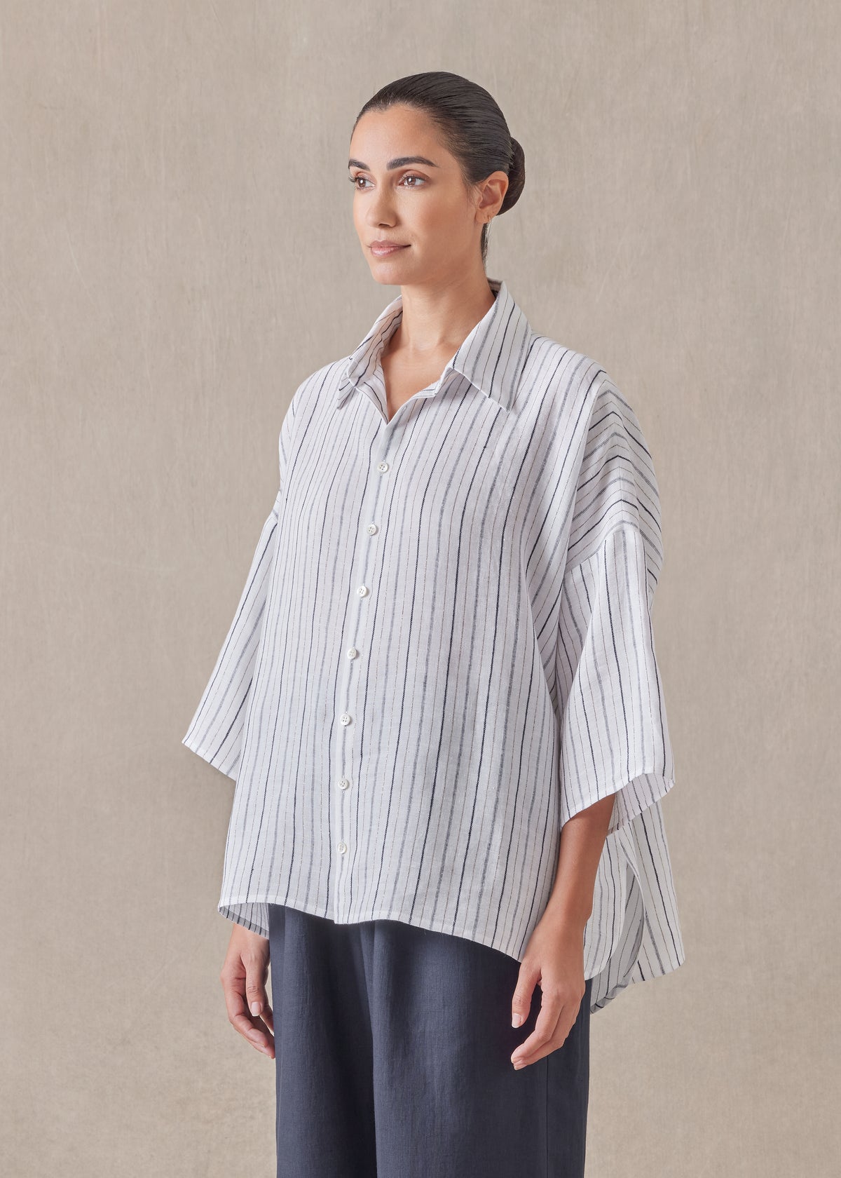 linen sloped shoulder wide a-line short sleeve shirt with collar - mid