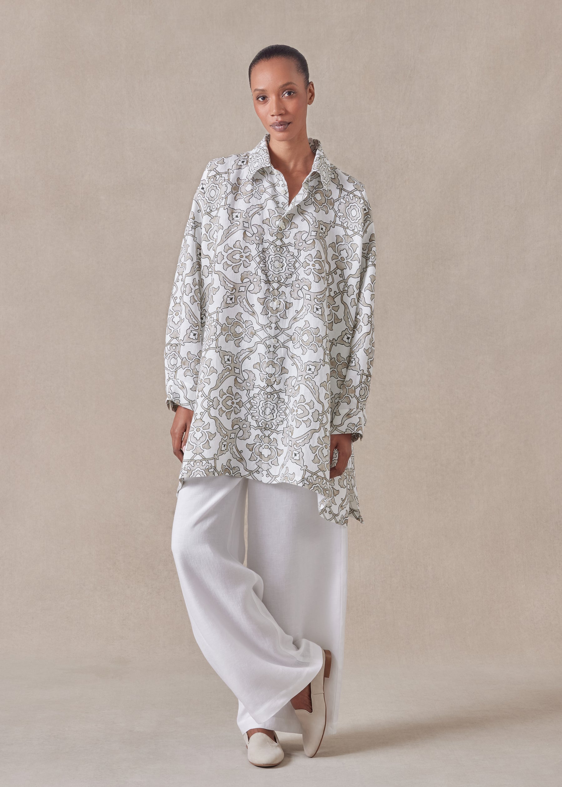 linen wide a-line shirt with collar - long plus