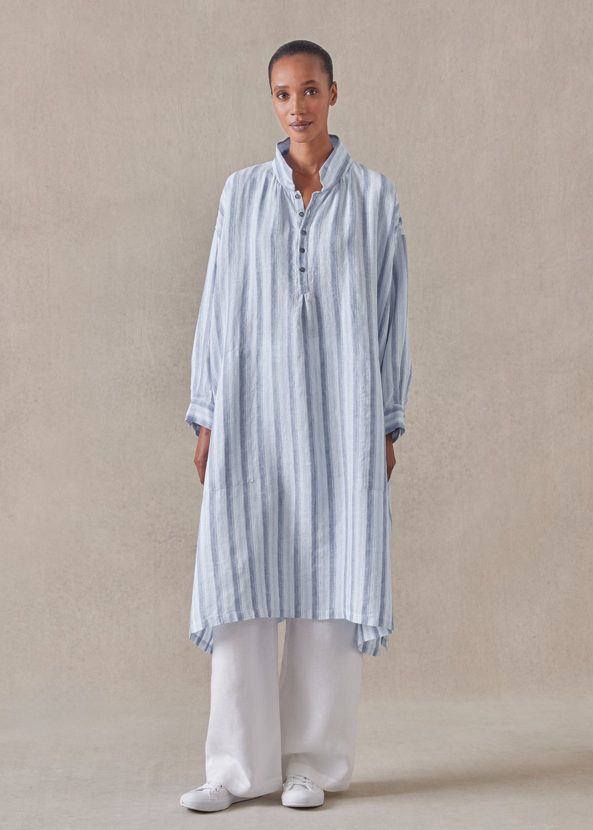 linen wide a-line artists smock dress with collar