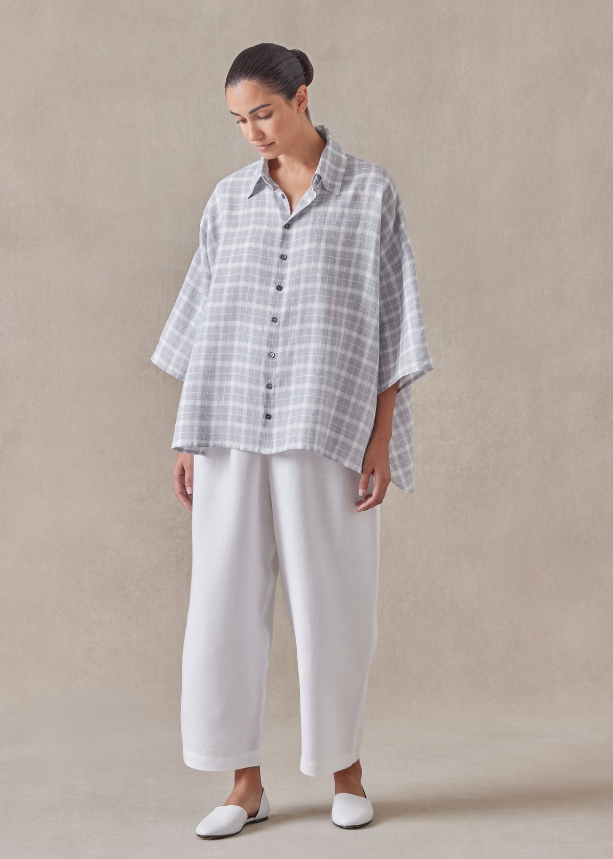 linen sloped shoulder wide a-line short sleeve shirt with collar - mid