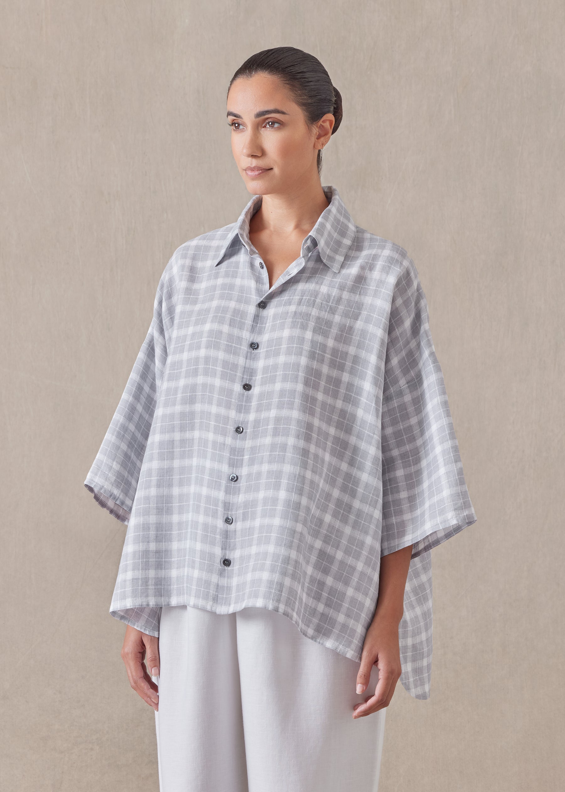 linen sloped shoulder wide a-line short sleeve shirt with collar - mid