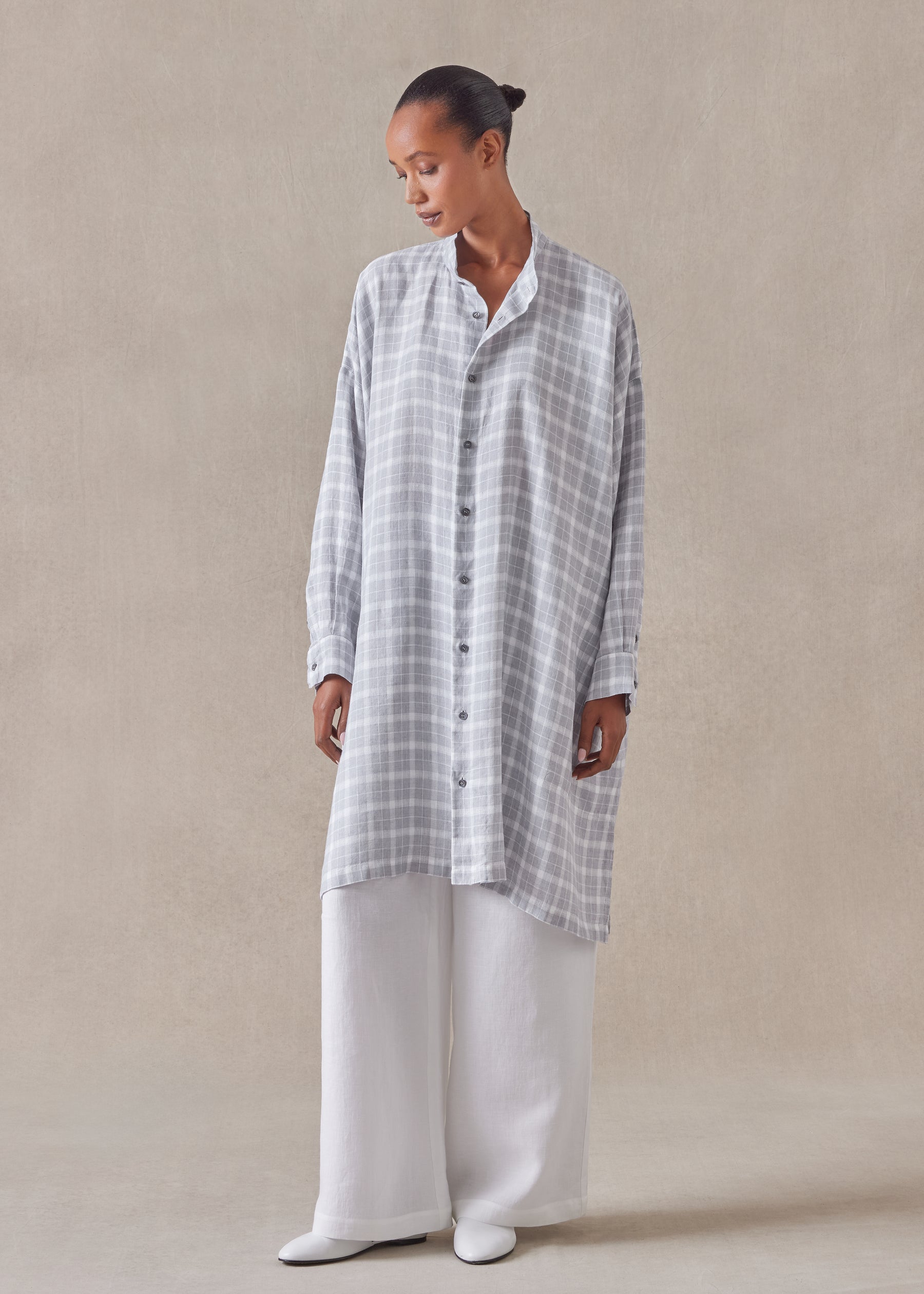 linen wide a-line collarless shirt - very long with slits