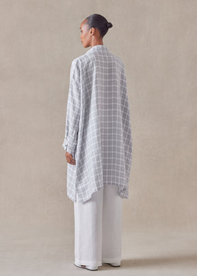 linen wide a-line collarless shirt - very long with slits