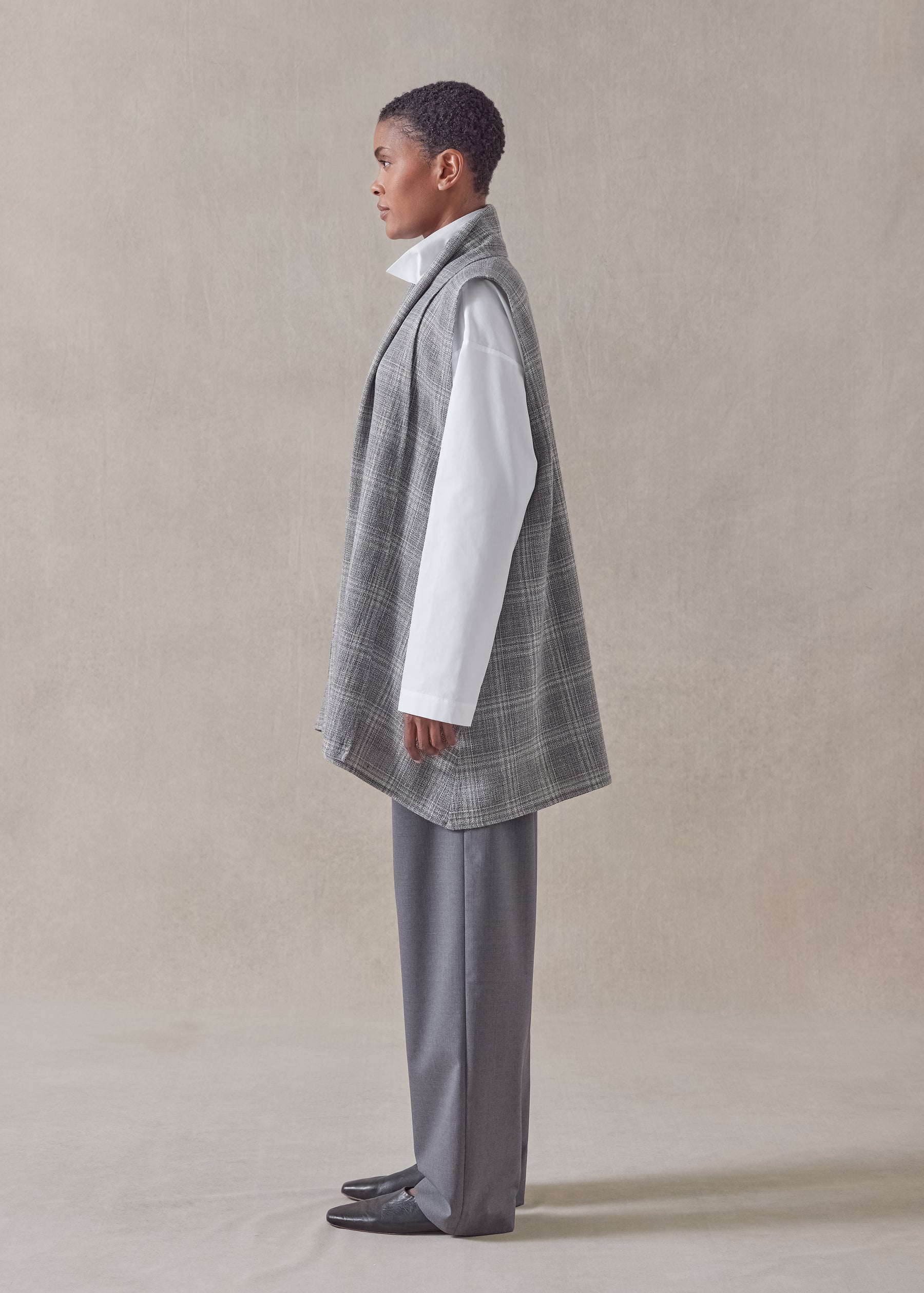 linen wool mix  a-line scrunch shawl collar waistcoat - long