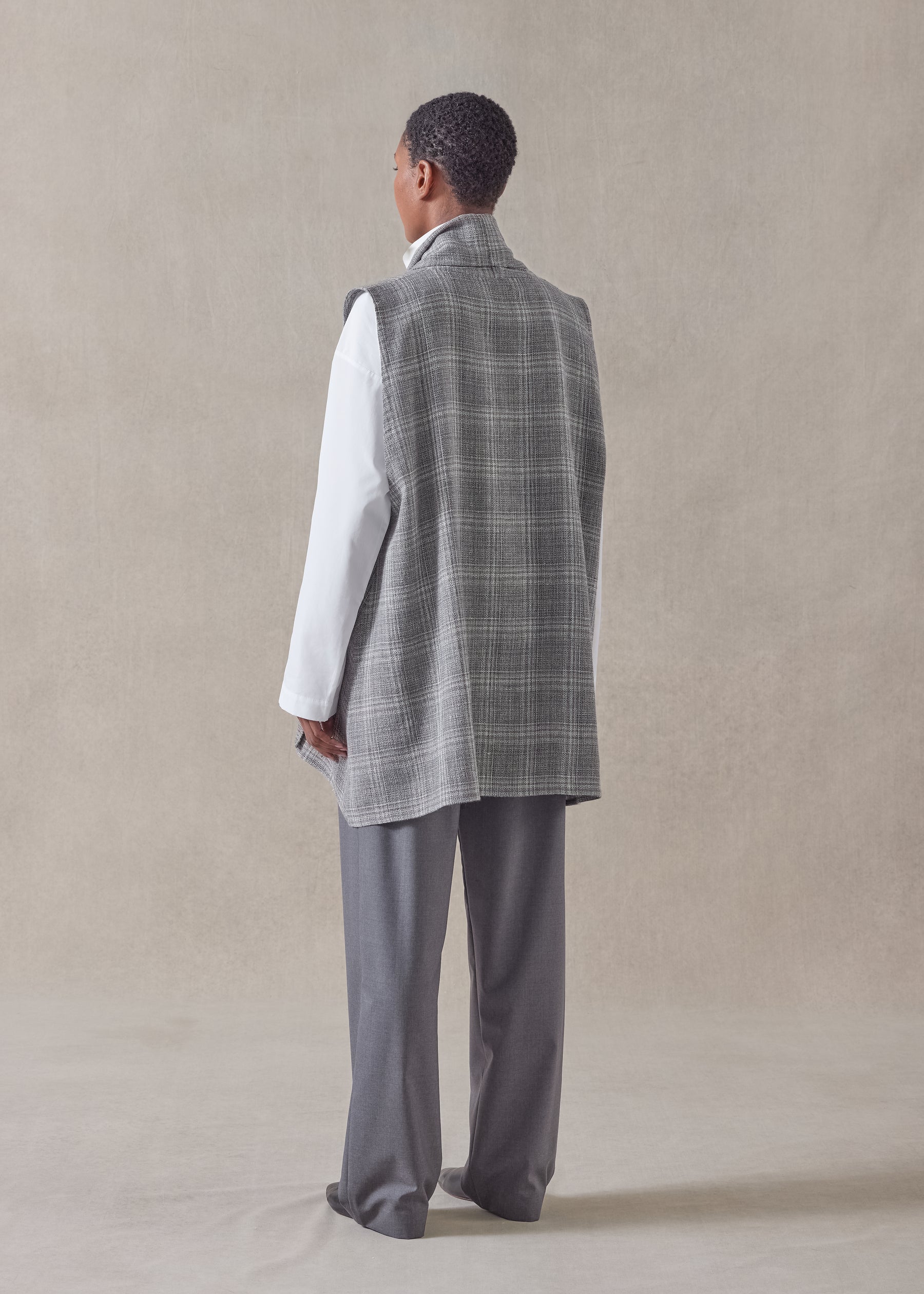 linen wool mix  a-line scrunch shawl collar waistcoat - long