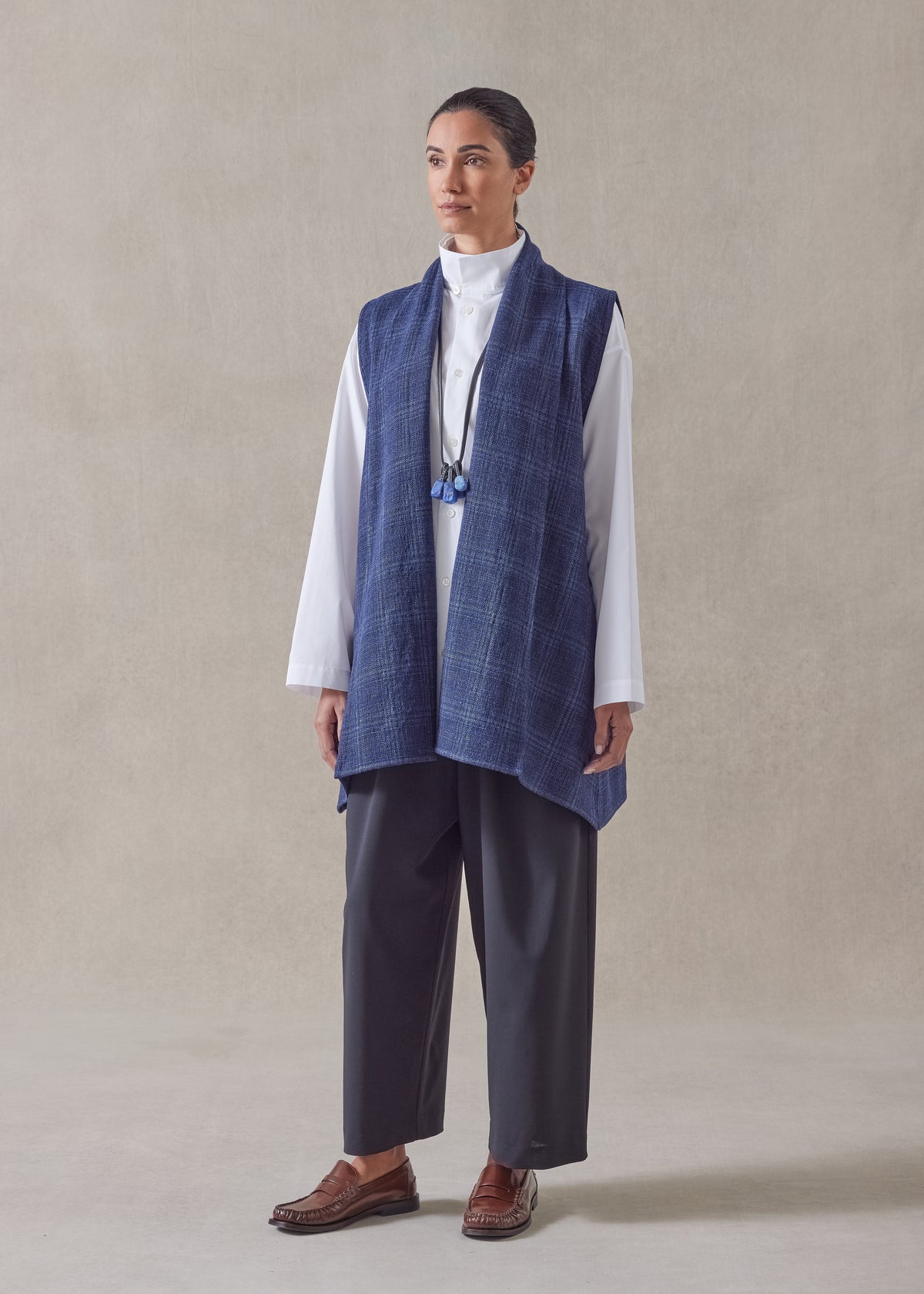 linen wool mix  a-line scrunch shawl collar waistcoat - long