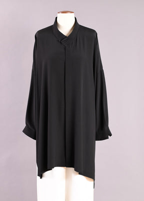 silk wide longer back v-neck shirt with pleat collar & cuff - very long