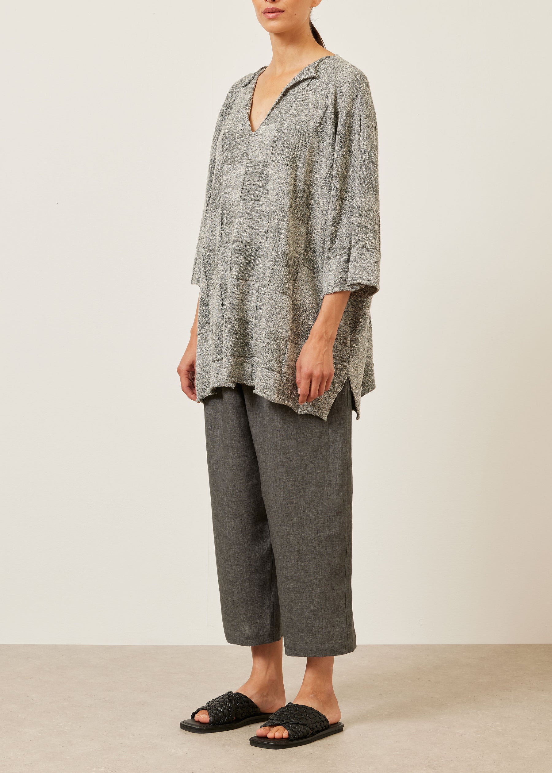 linen silk mix square 3/4 sleeve slit neck sweater - long