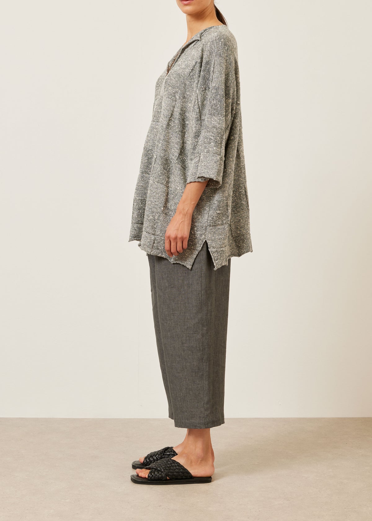 linen silk mix square 3/4 sleeve slit neck sweater - long