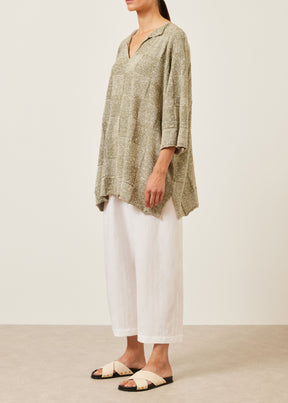 linen silk mix square 3/4 sleeve slit neck sweater - long