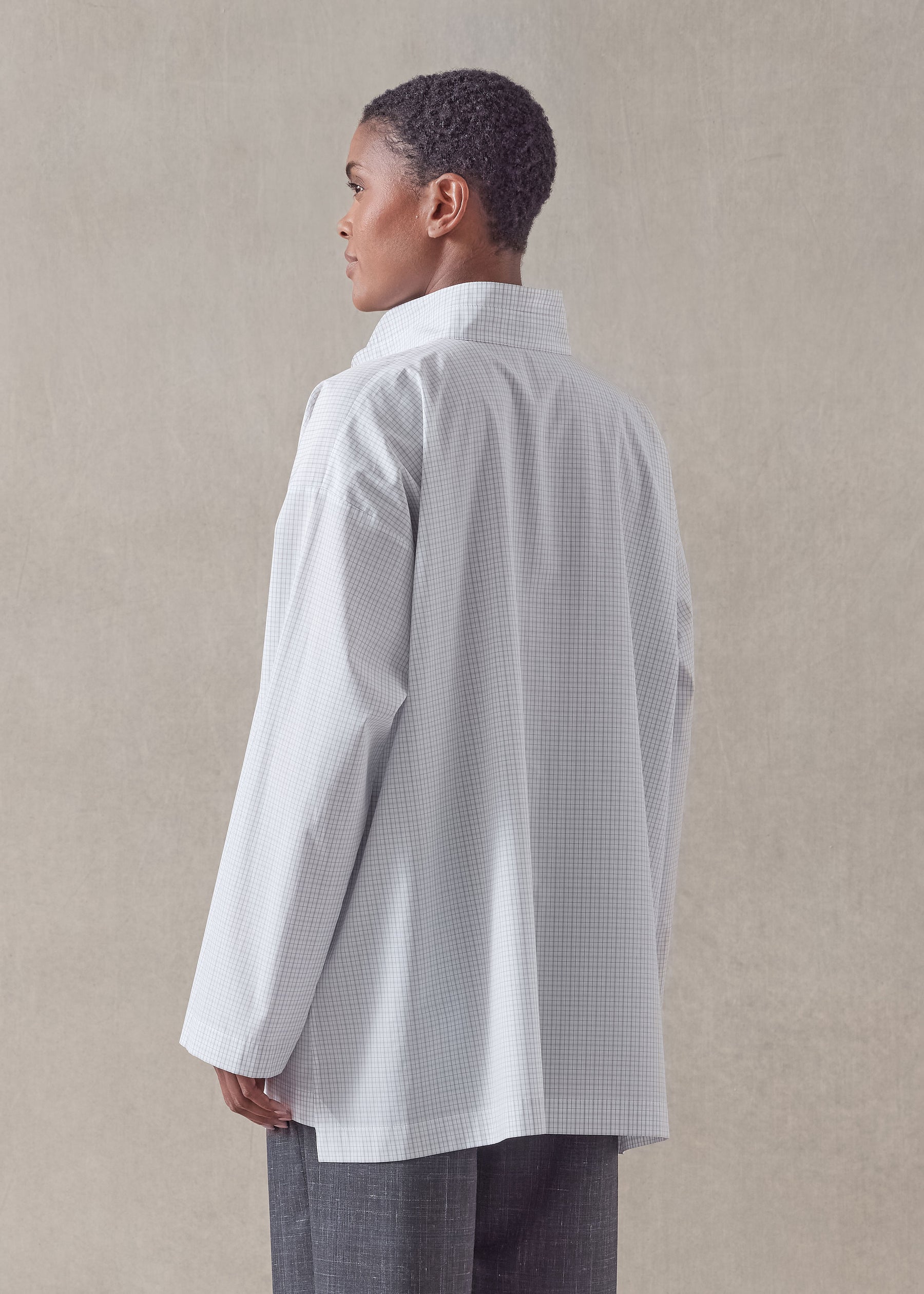 cotton slim a-line shirt with double stand collar and stepped insert - long