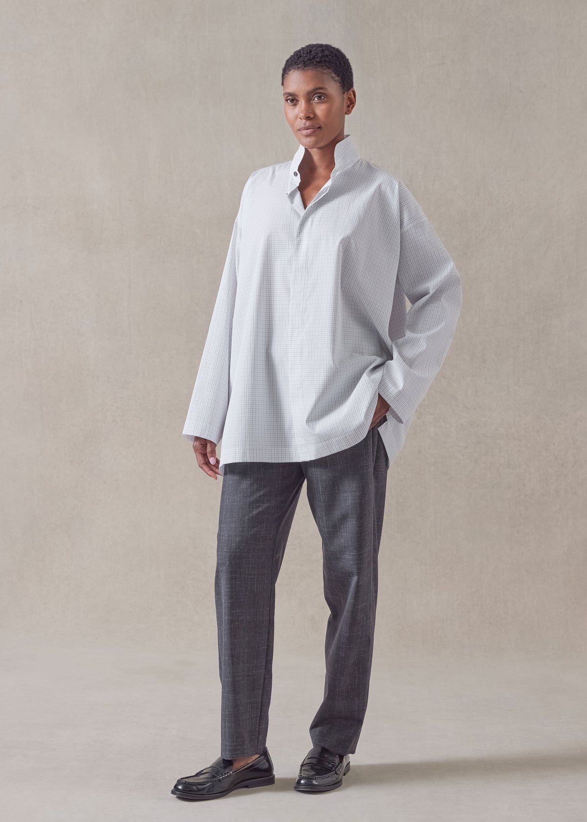 cotton slim a-line shirt with double stand collar and stepped insert - long