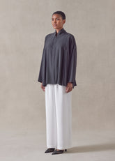 silk pleated shoulder swing shirt with chinese collar - mid plus