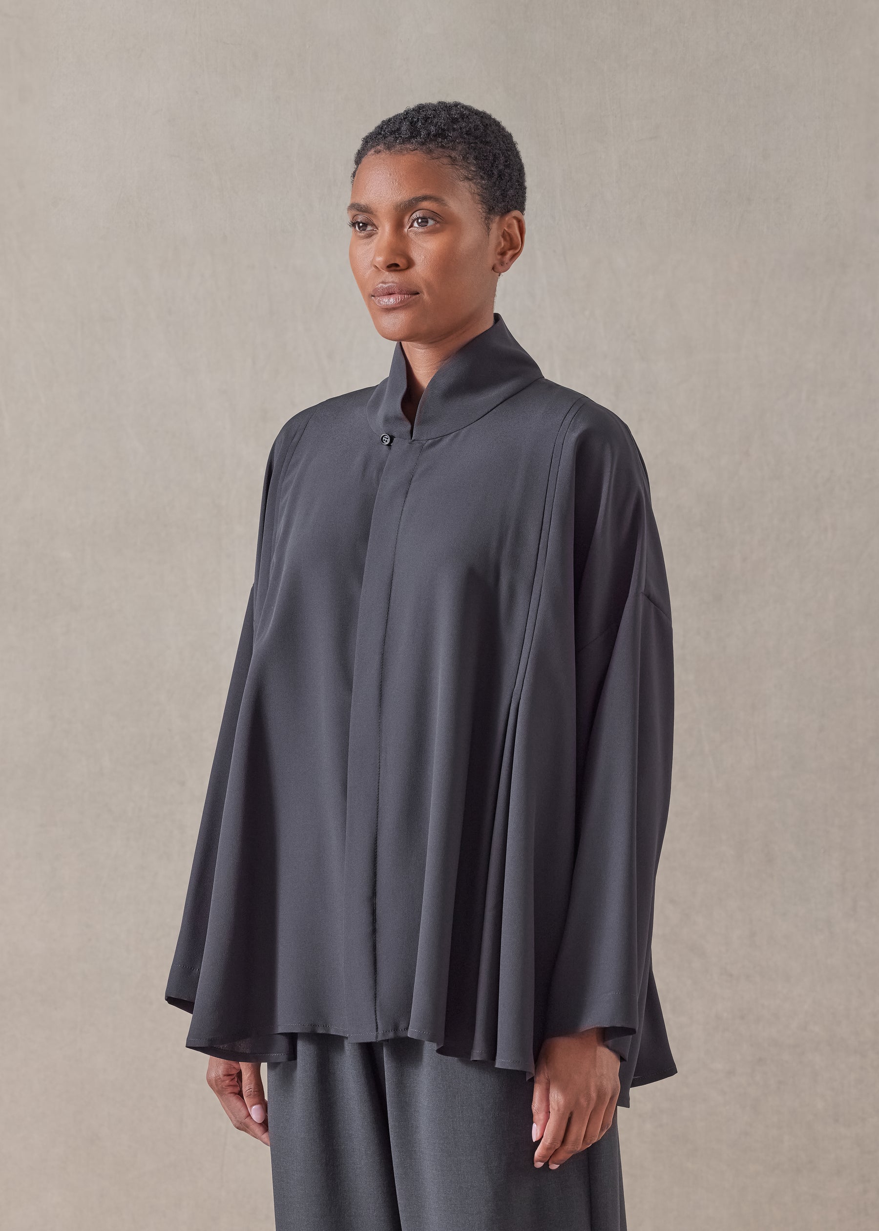 silk pleated shoulder swing shirt with chinese collar - mid plus