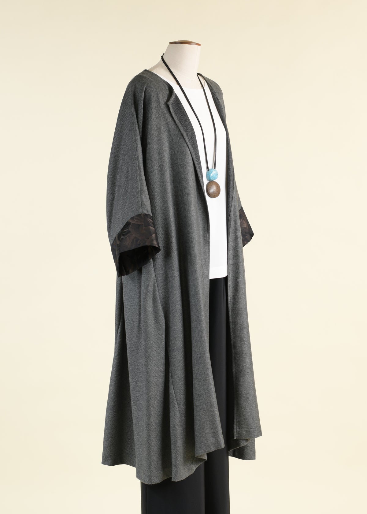 cashmere silk mix round neck coat with bias side panel and cuff detail