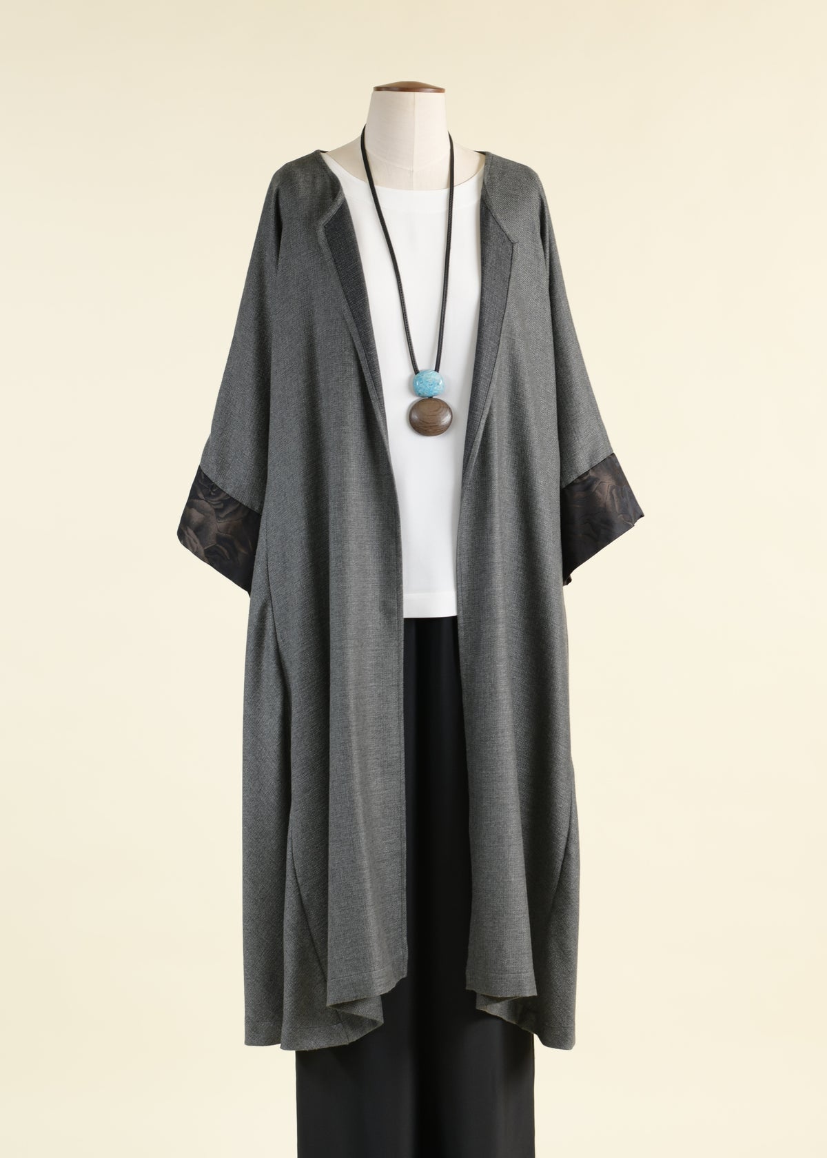 cashmere silk mix round neck coat with bias side panel and cuff detail