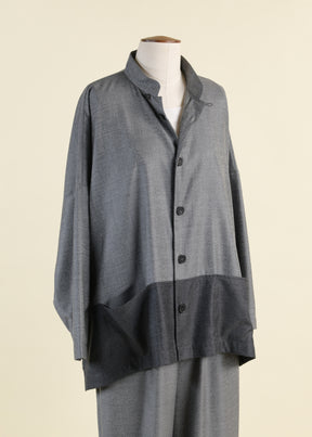 wool silk mix longer back wide mandarin jacket with contrast edge and pouch pockets - long