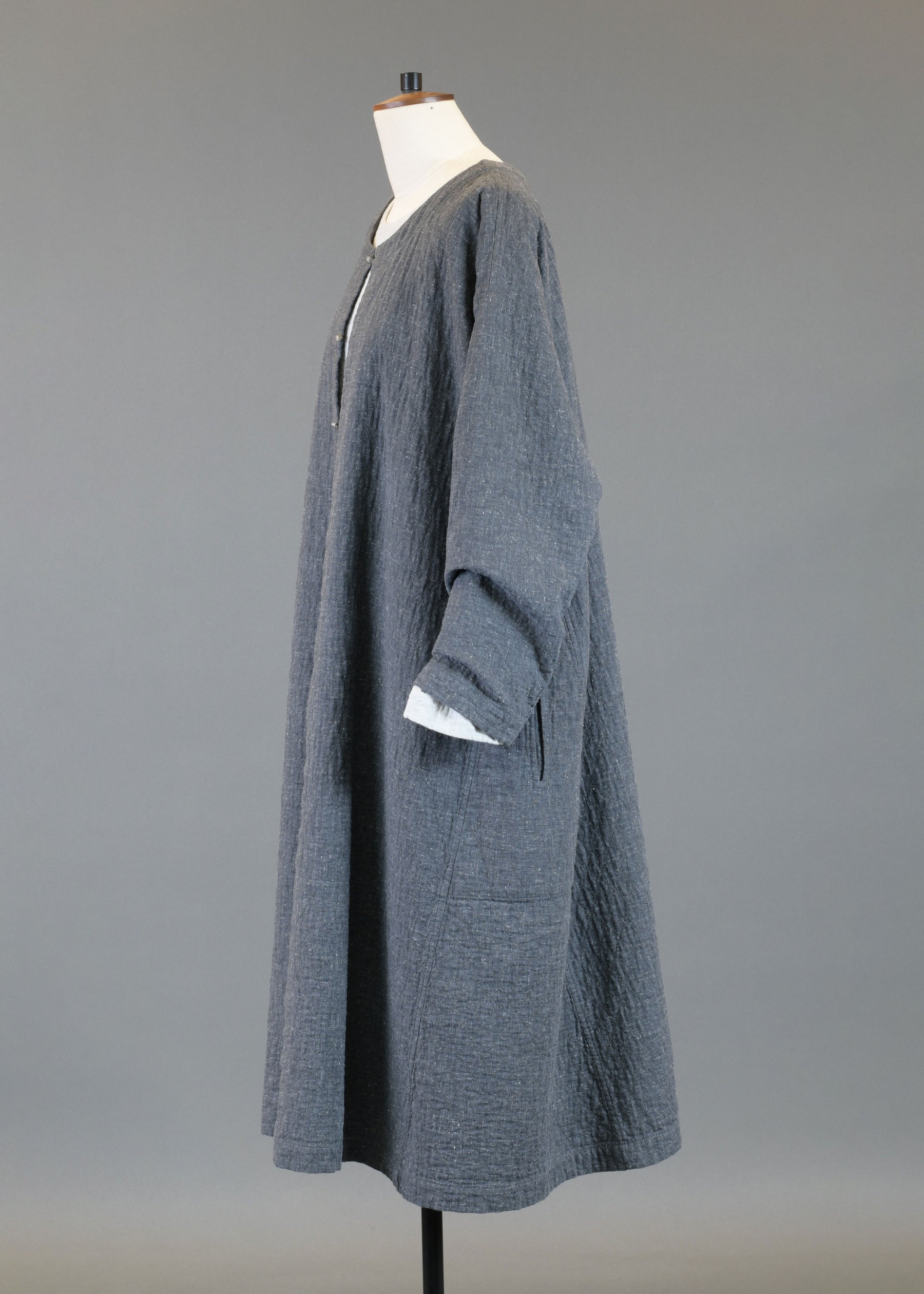 recycled cotton a-line side panelled round neck coat