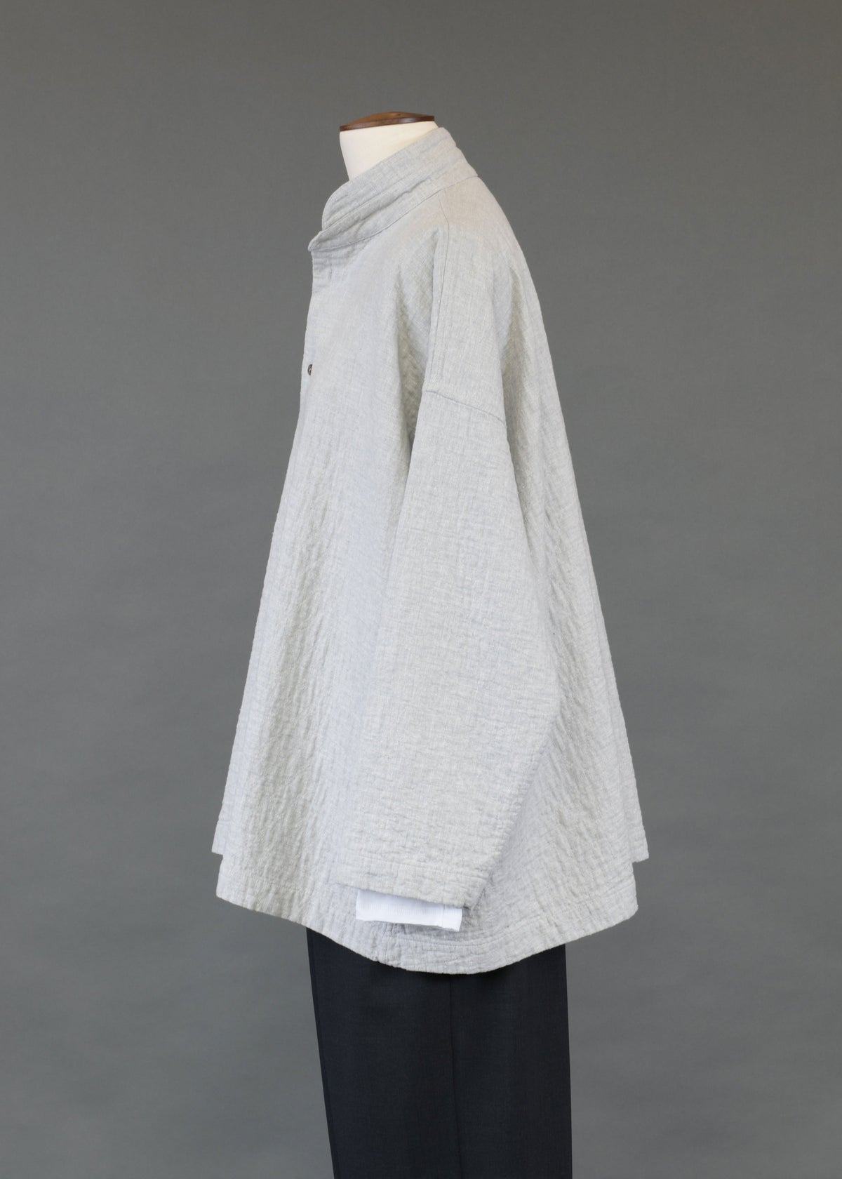 recycled cotton angled-to-front side seam shirt with double stand collar - long