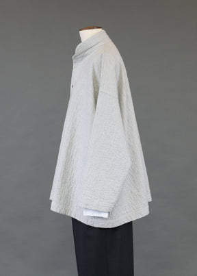 recycled cotton angled-to-front side seam shirt with double stand collar - long