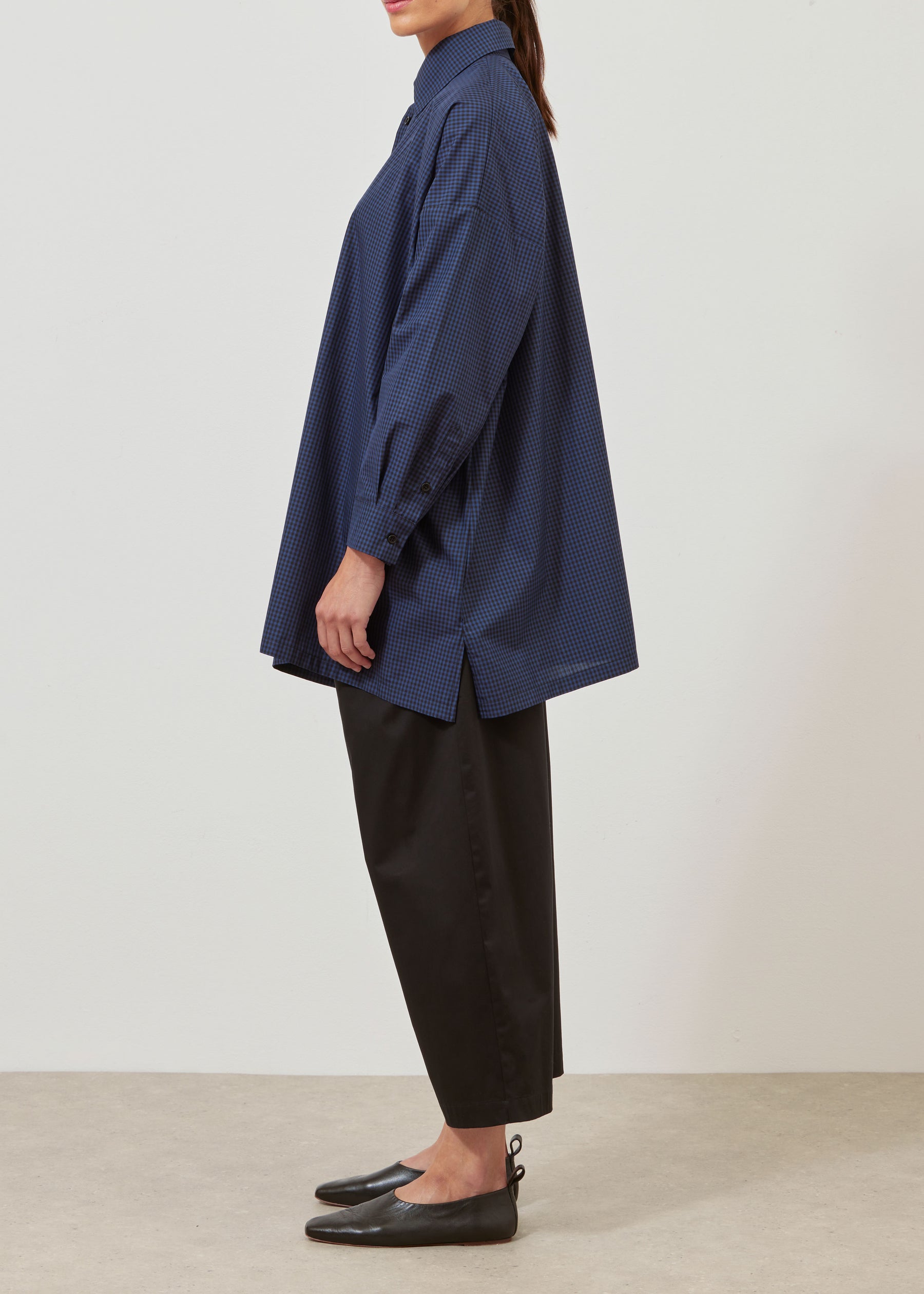 cotton wide a-line shirt with collar - long plus