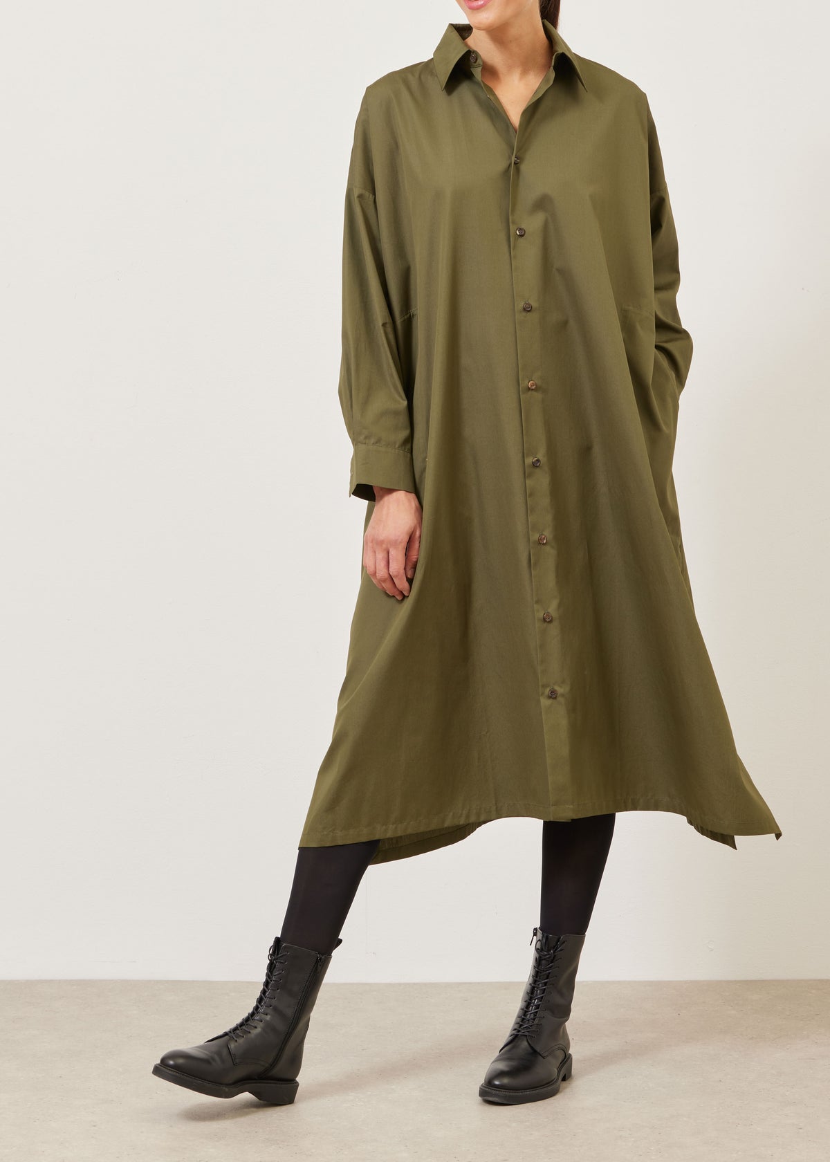 cotton wide a-line shirt dress with collar