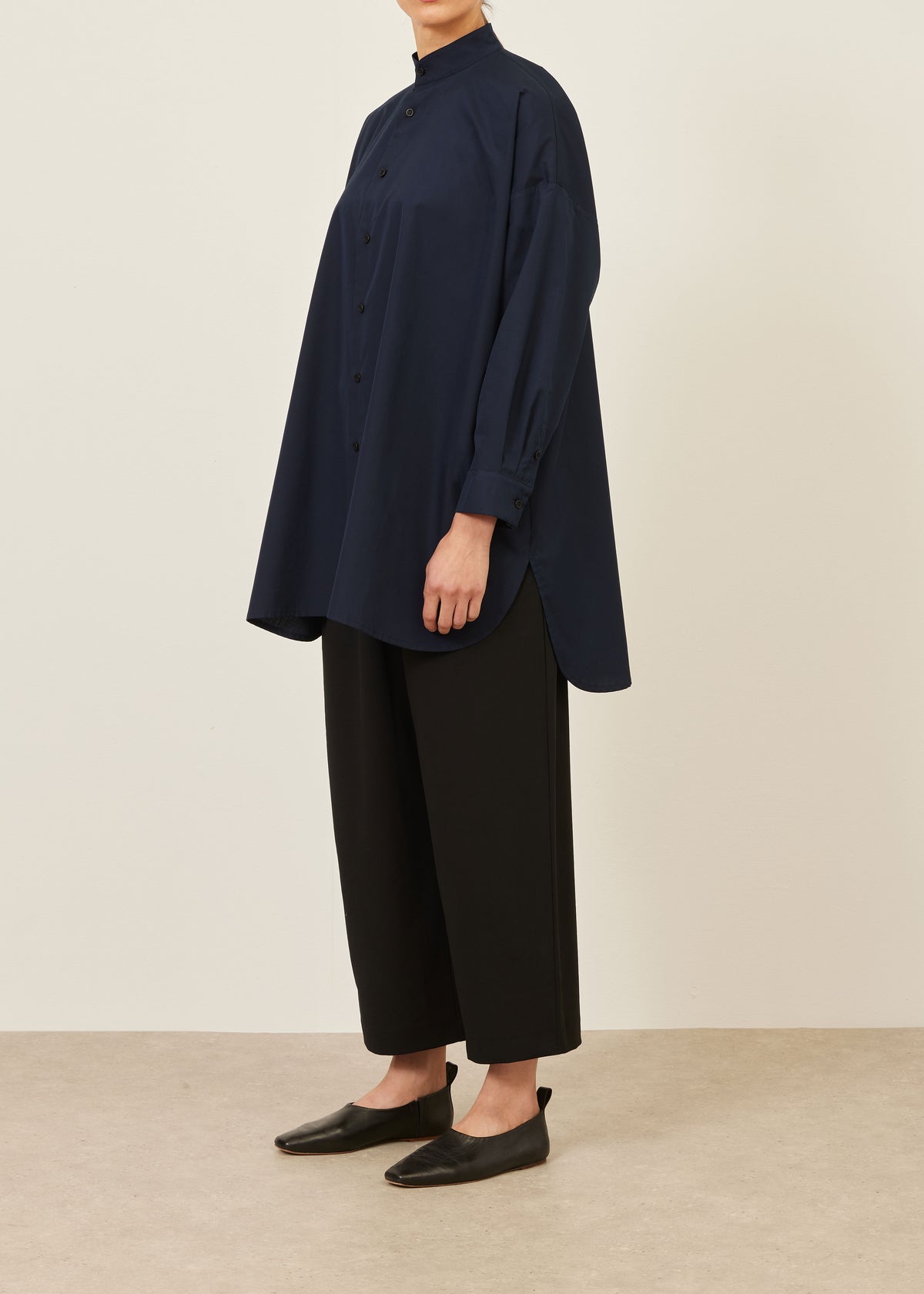 cotton wide a-line collarless classic shirt - long plus