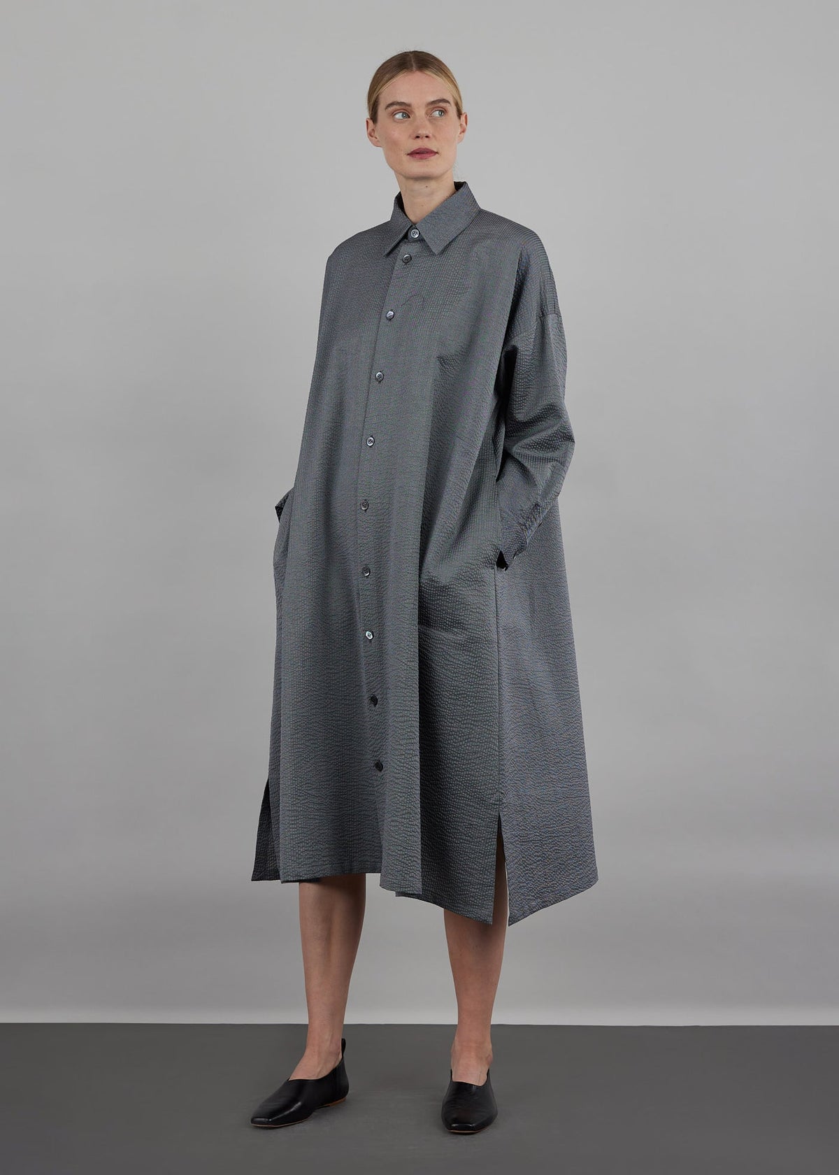 cotton wide a-line shirt dress with collar