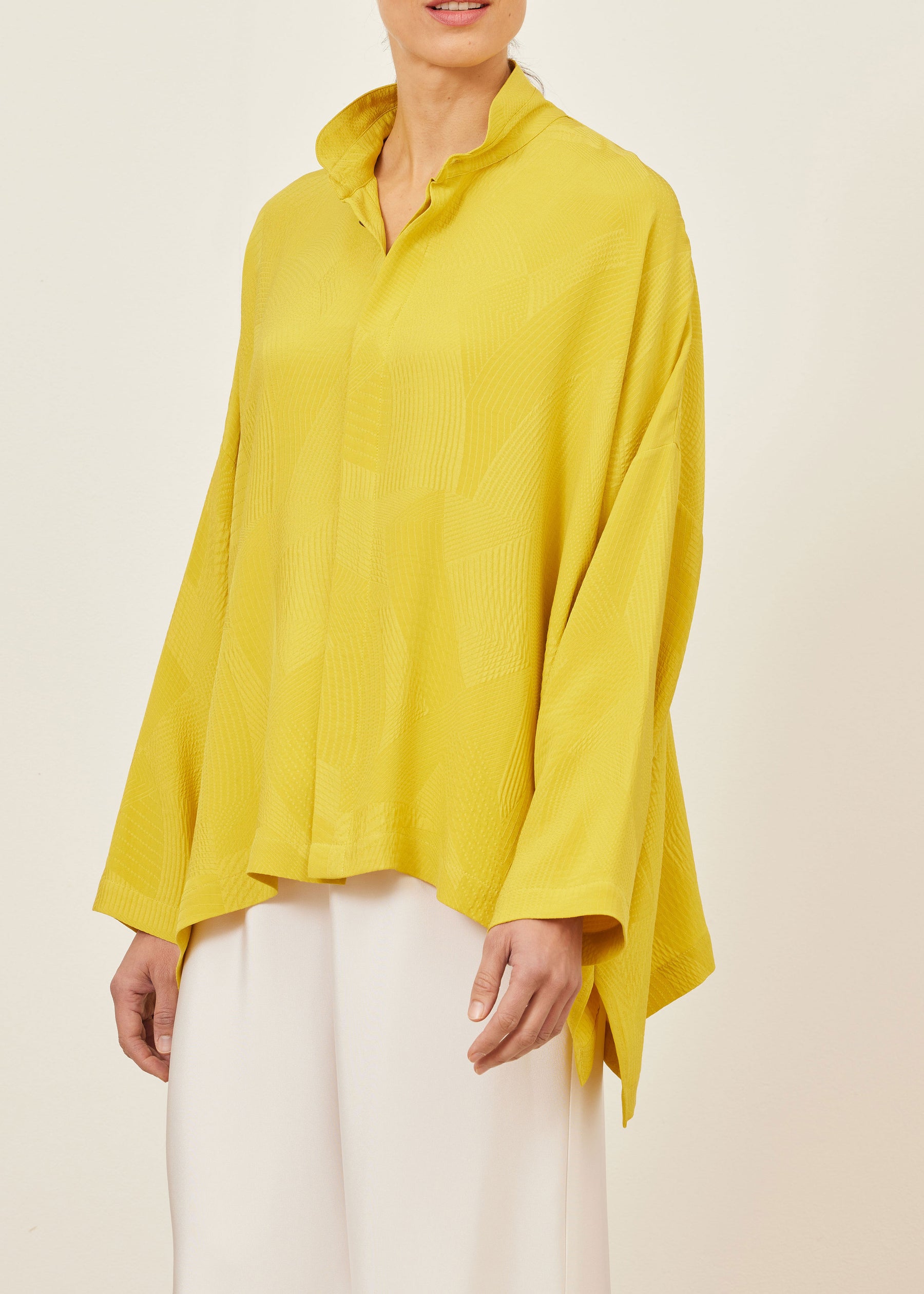 silk wide longer back double stand collar shirt - mid plus