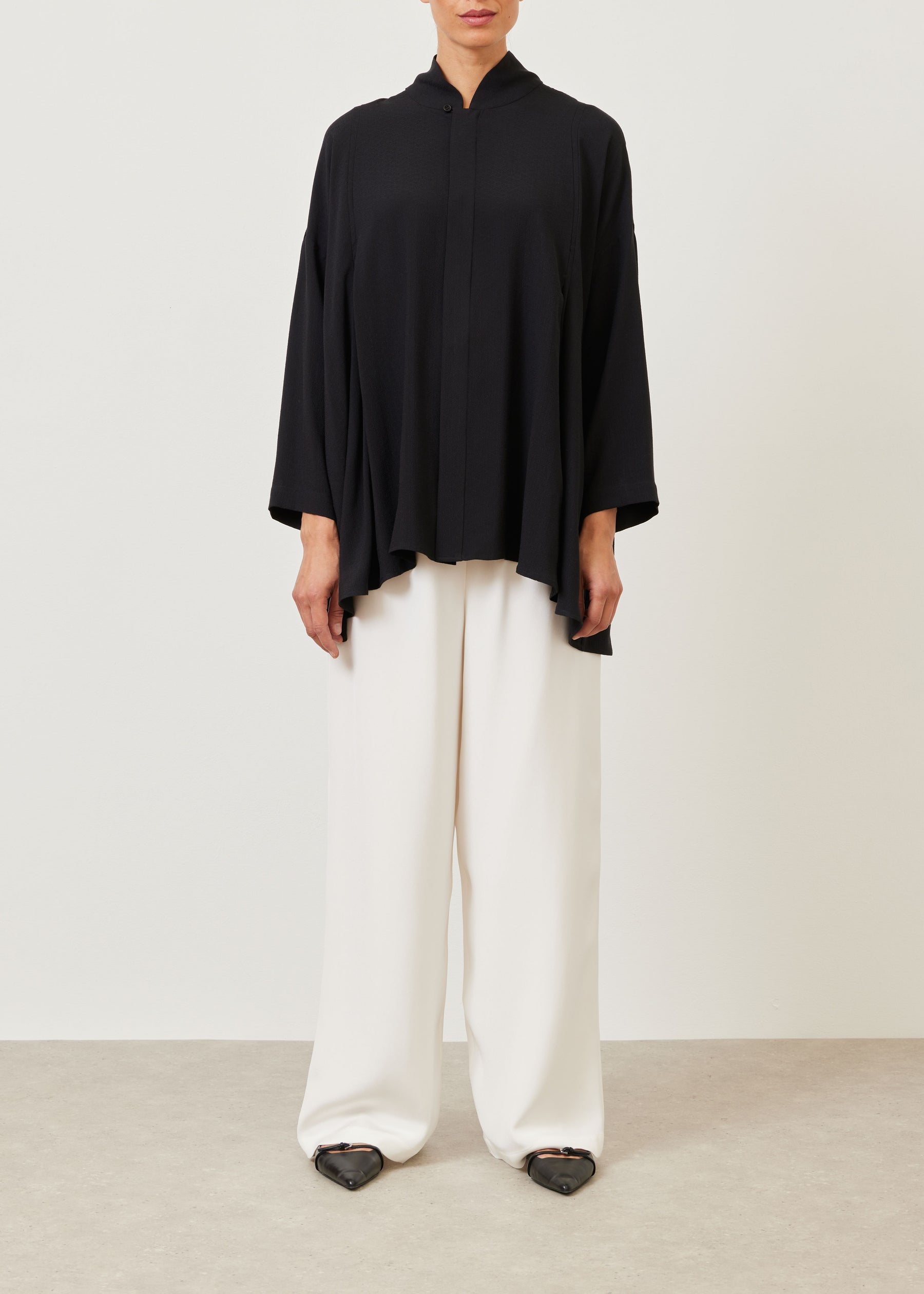 silk pleated shoulder swing shirt with chinese collar - long plus