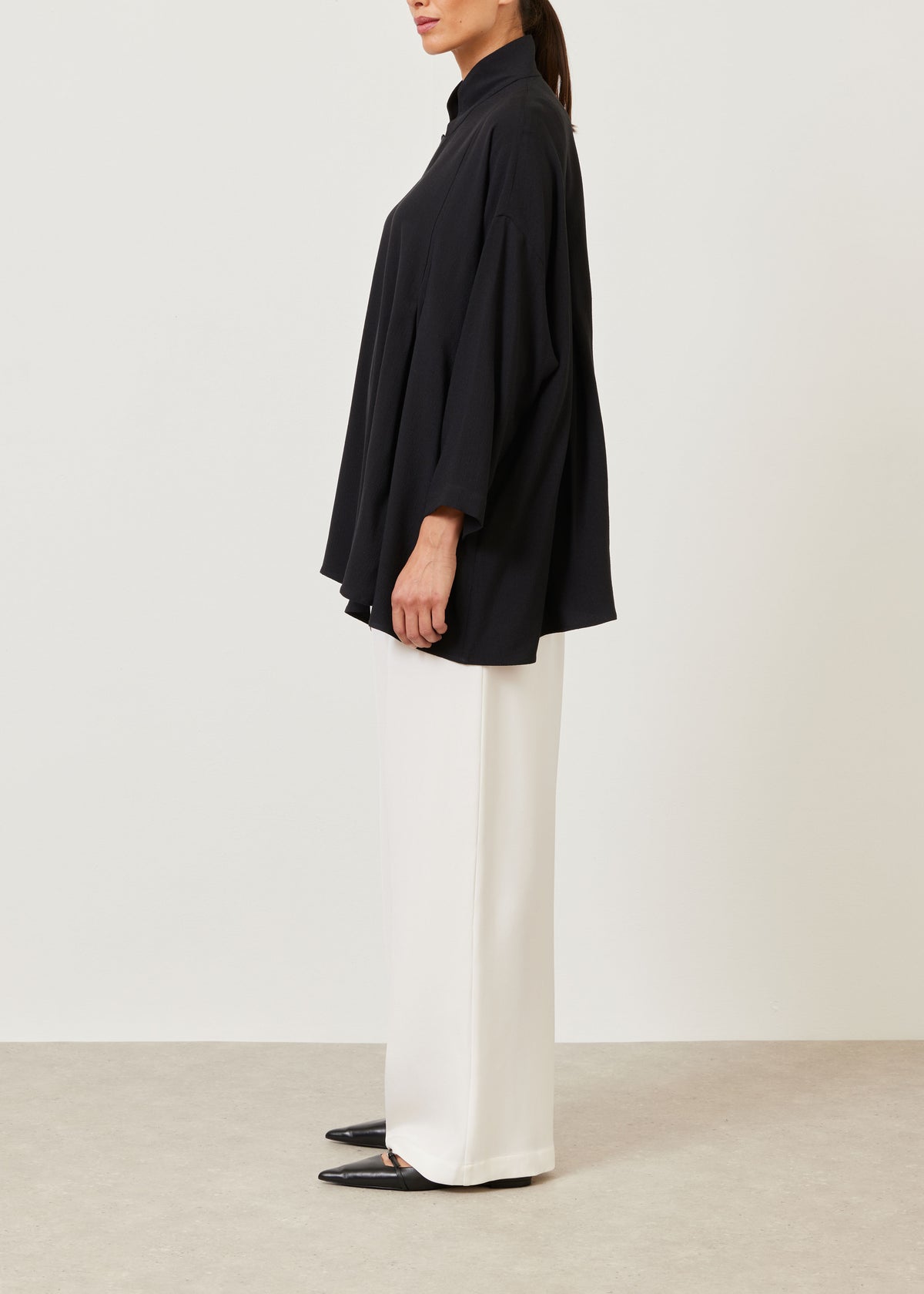 silk pleated shoulder swing shirt with chinese collar - long plus