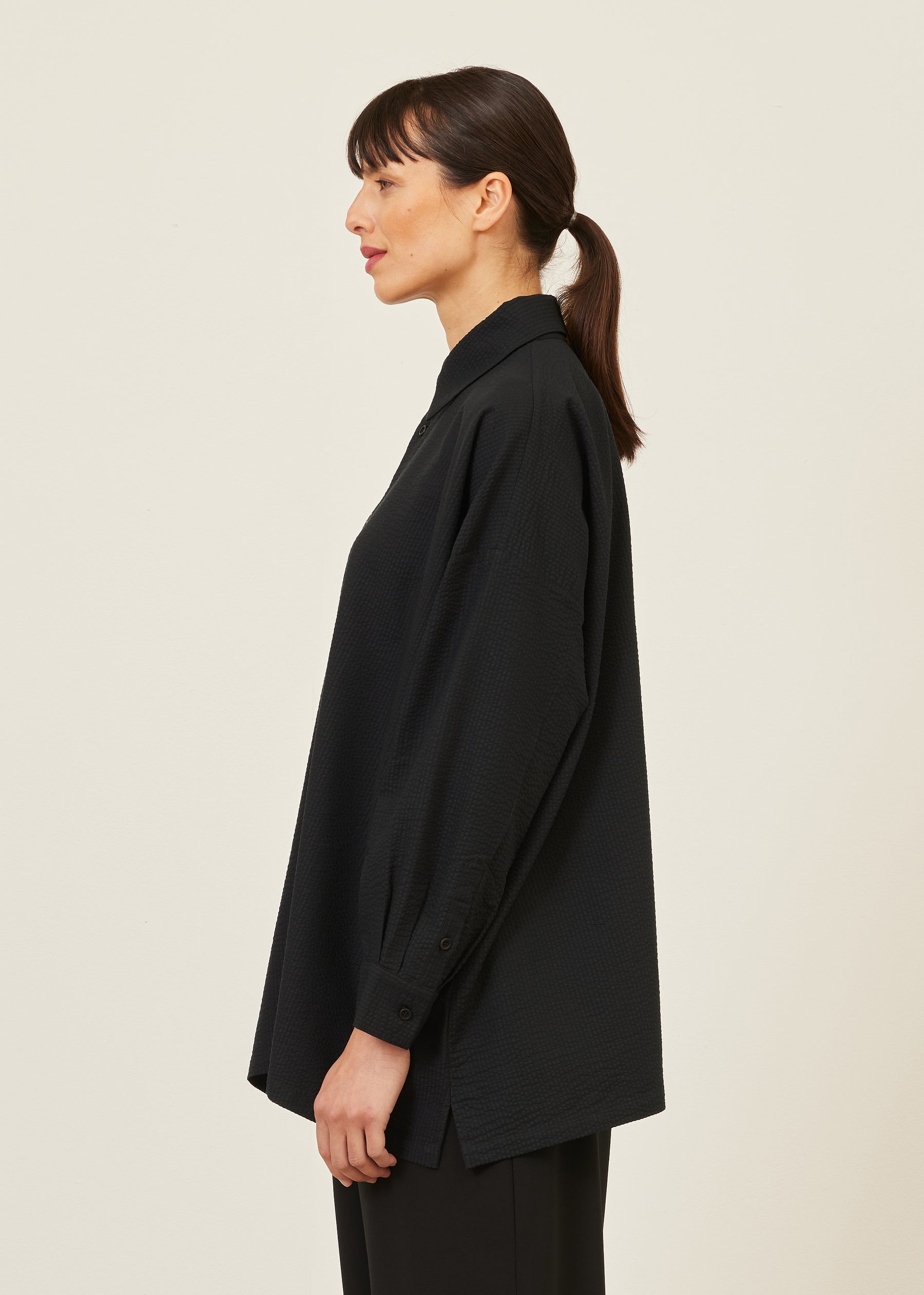 cotton wide a-line shirt with collar - long