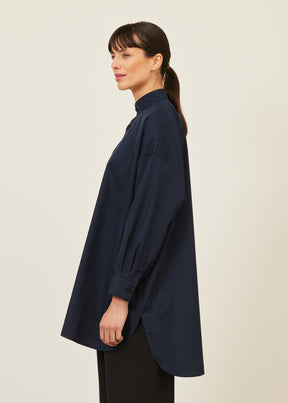 cotton wide a-line collarless classic shirt - long plus