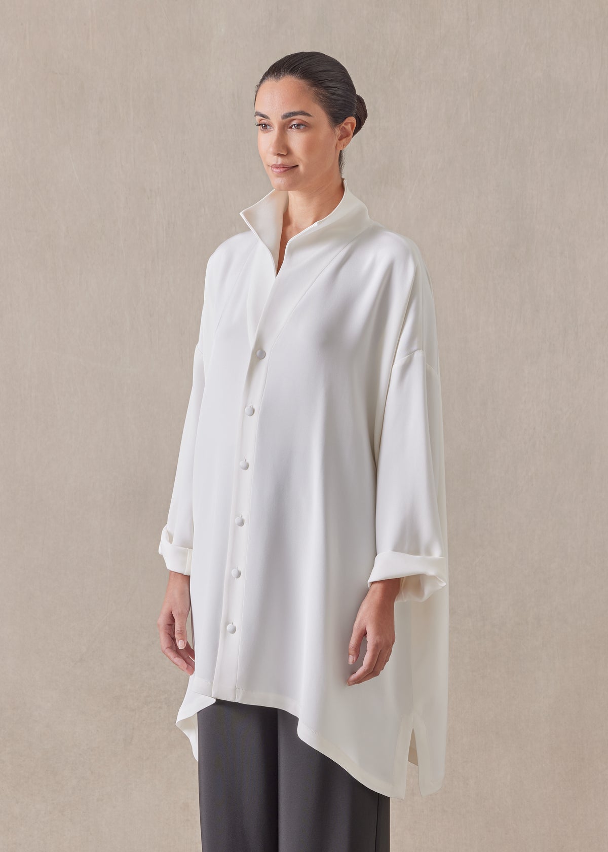 silk wide a-line shirt with open 'standup collar'  - long plus