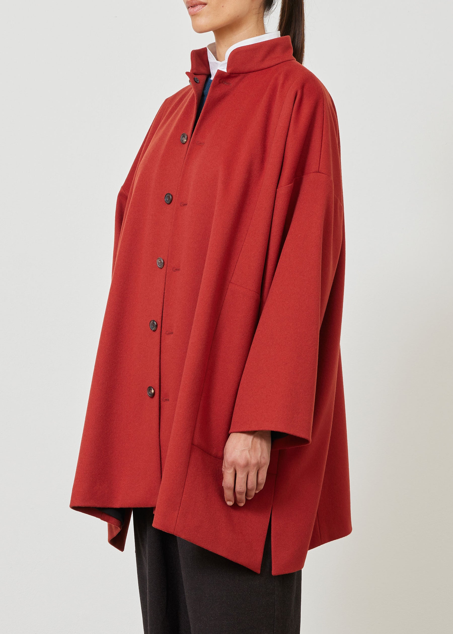 wool cashmere mix wide A-line mandarin collar coat - long plus