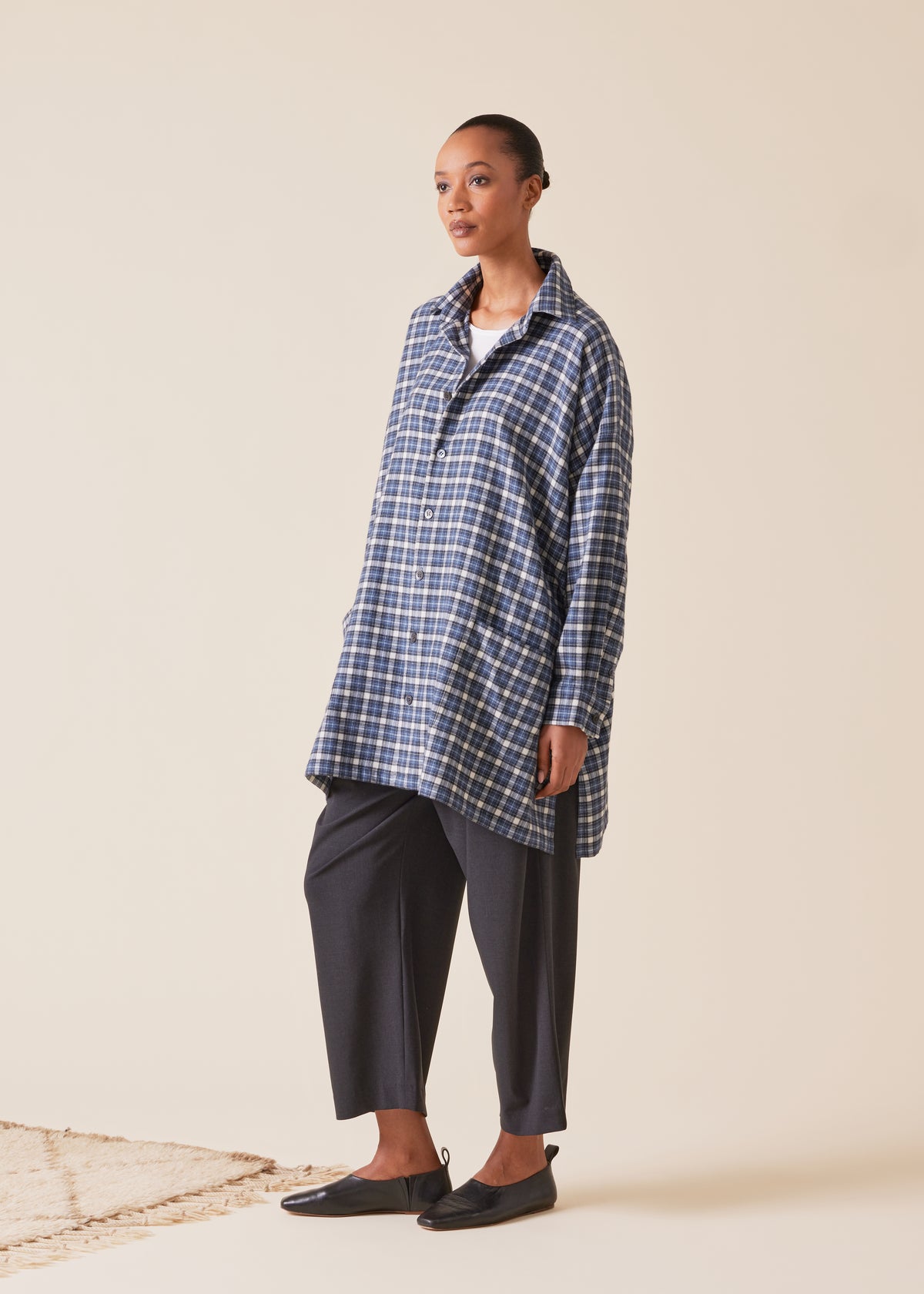 cotton wide a-line shirt jacket with collar - long plus