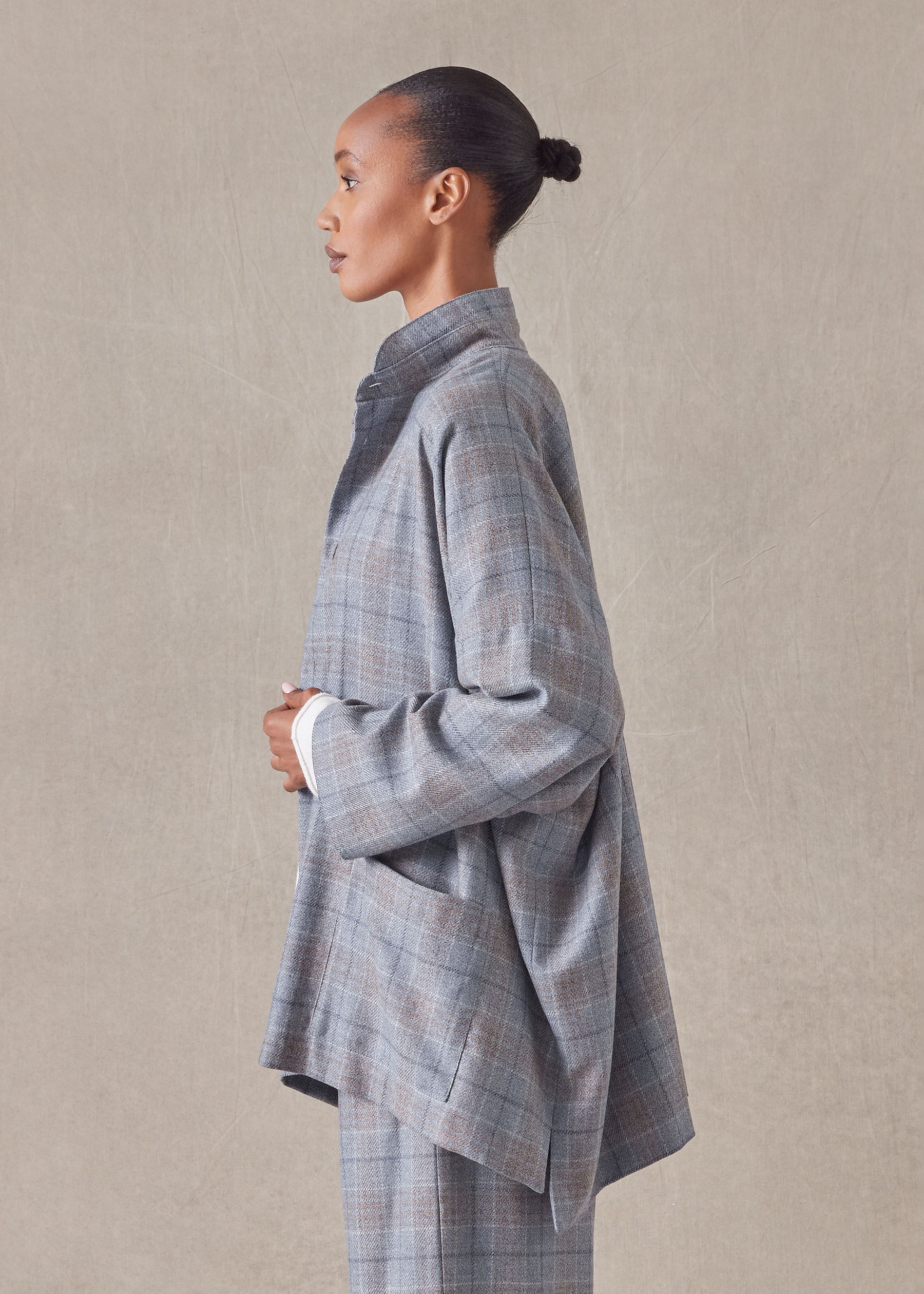 wool silk mix wide longer back double stand collar jacket - long