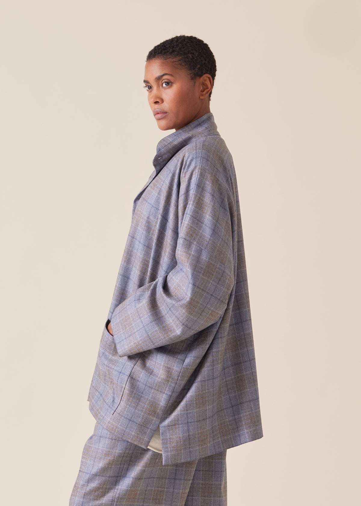 wool silk mix wide longer back double stand collar jacket - long