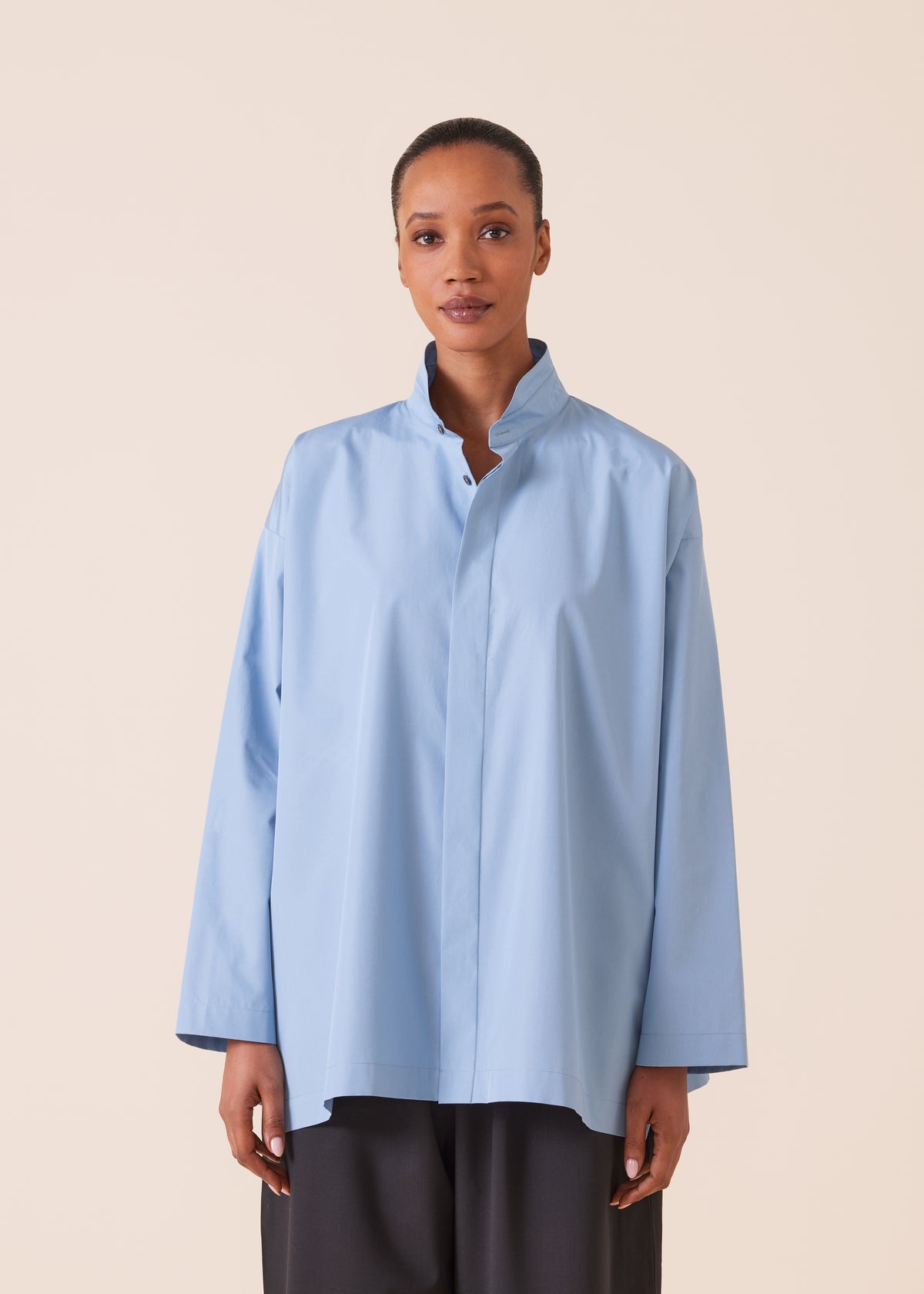 cotton slim a-line double stand collar shirt with stepped insert - long