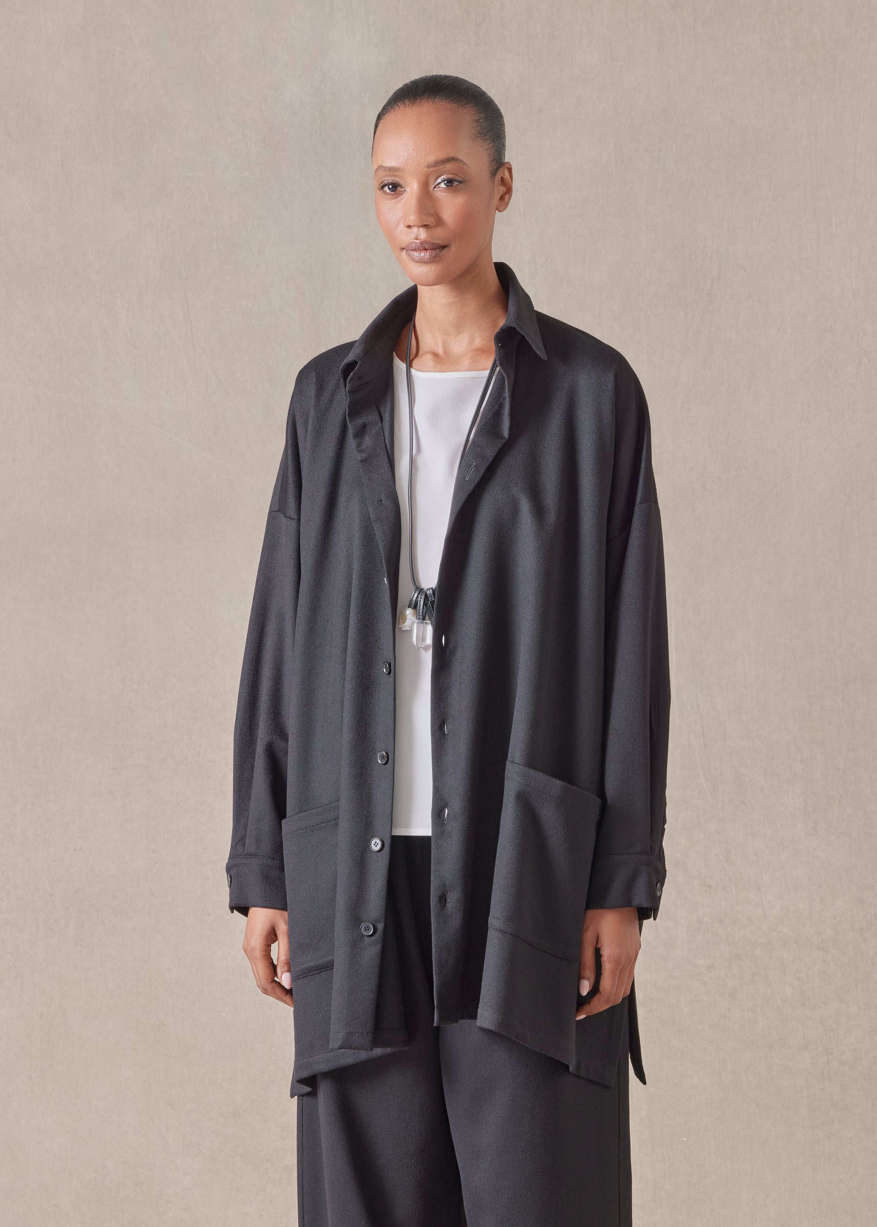 cashmere wide a-line shirt jacket with collar - long plus