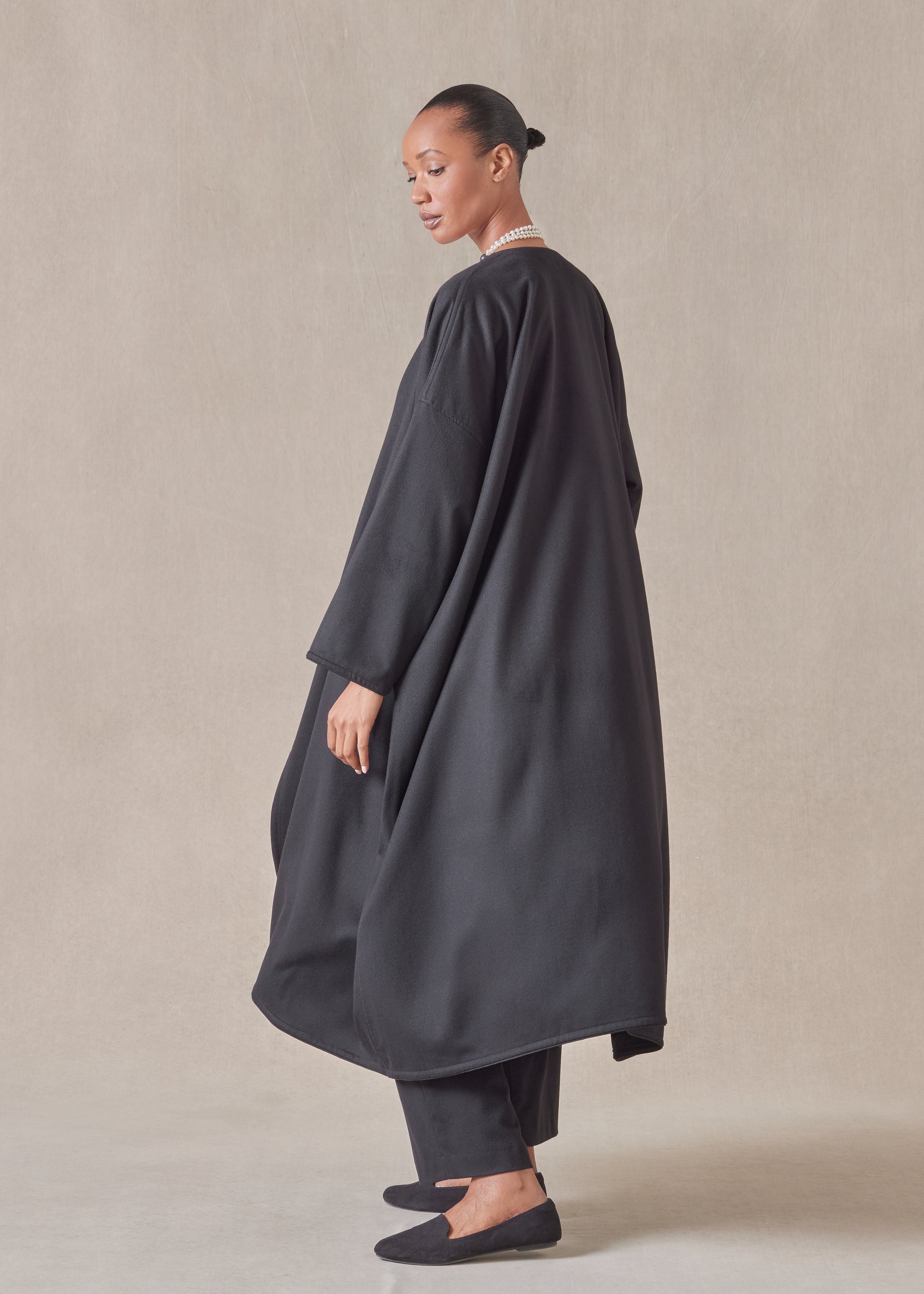 wide a-line v-neck coat with piped edge