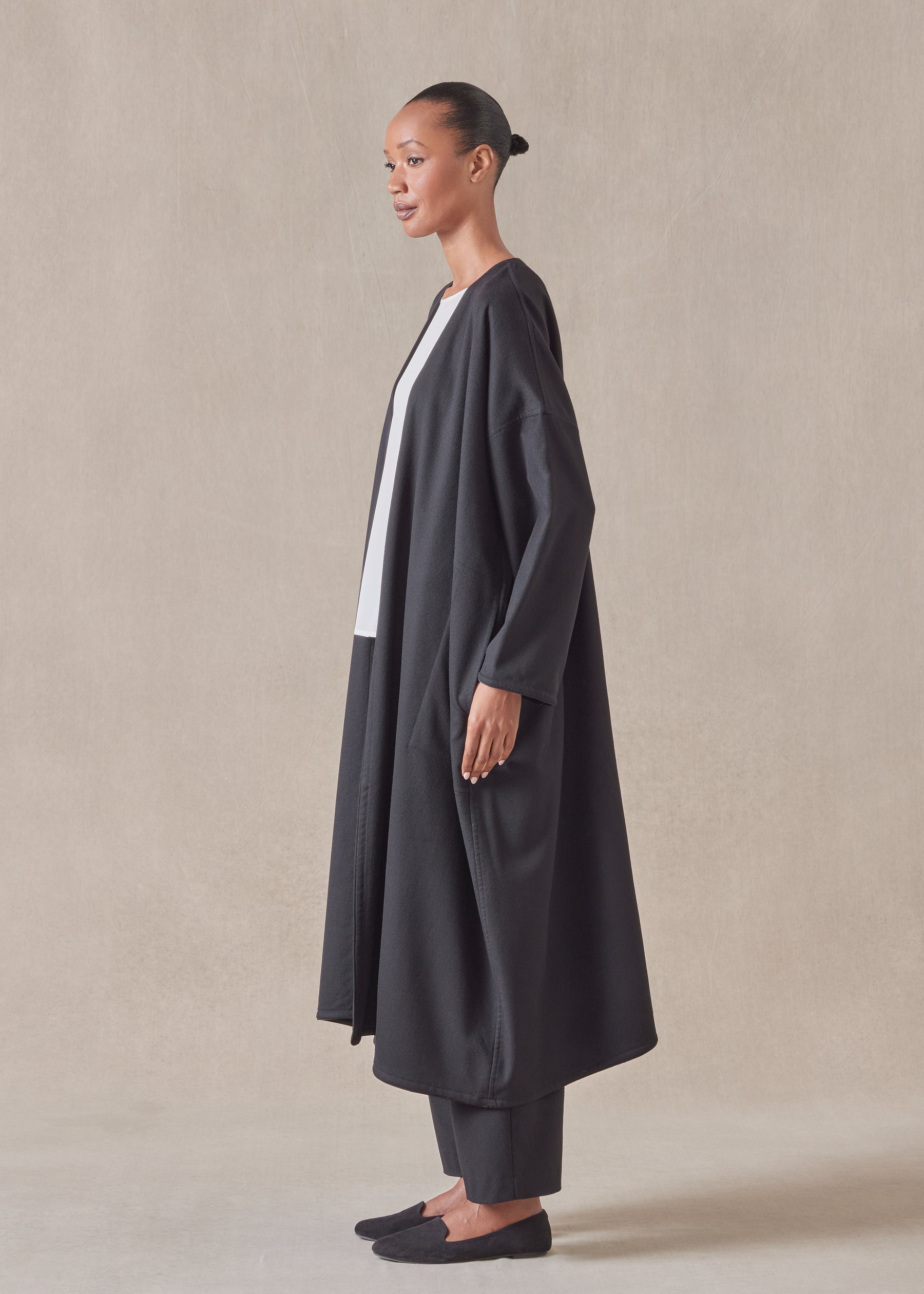 wide a-line v-neck coat with piped edge